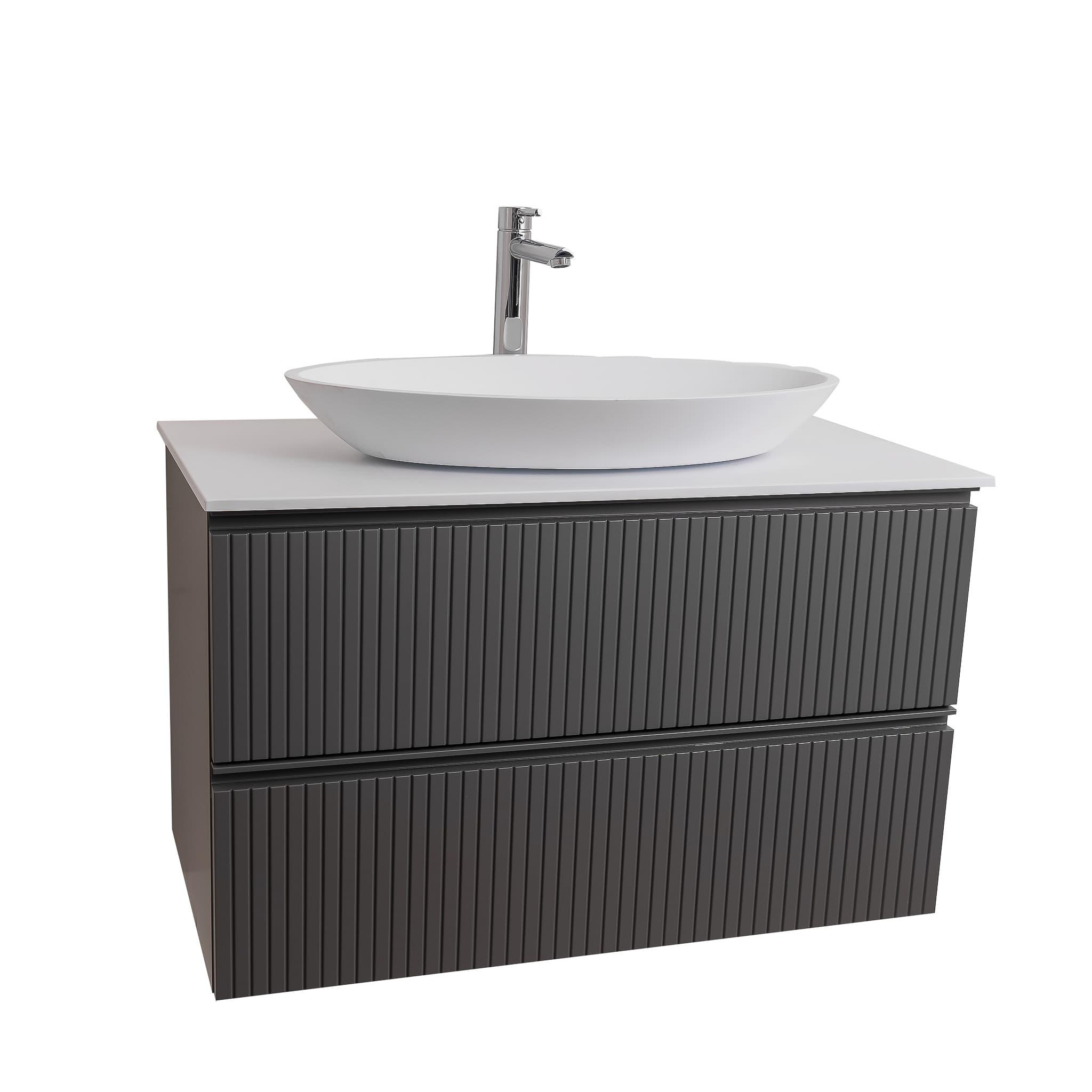 Ares 35.5 Matte Grey Cabinet, Solid Surface Flat White Counter And Oval Solid Surface White Basin 1305, Wall Mounted Modern Vanity Set