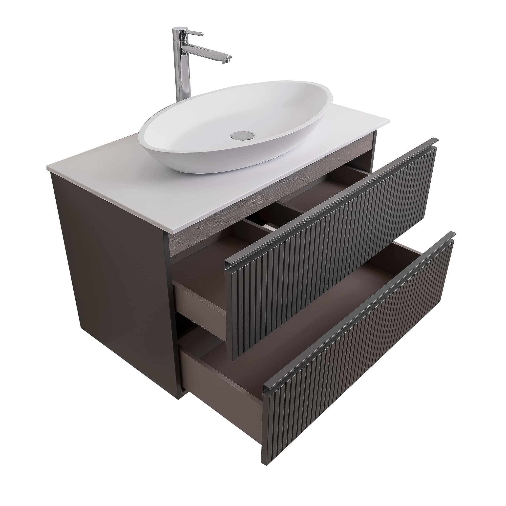 Ares 35.5 Matte Grey Cabinet, Solid Surface Flat White Counter And Oval Solid Surface White Basin 1305, Wall Mounted Modern Vanity Set