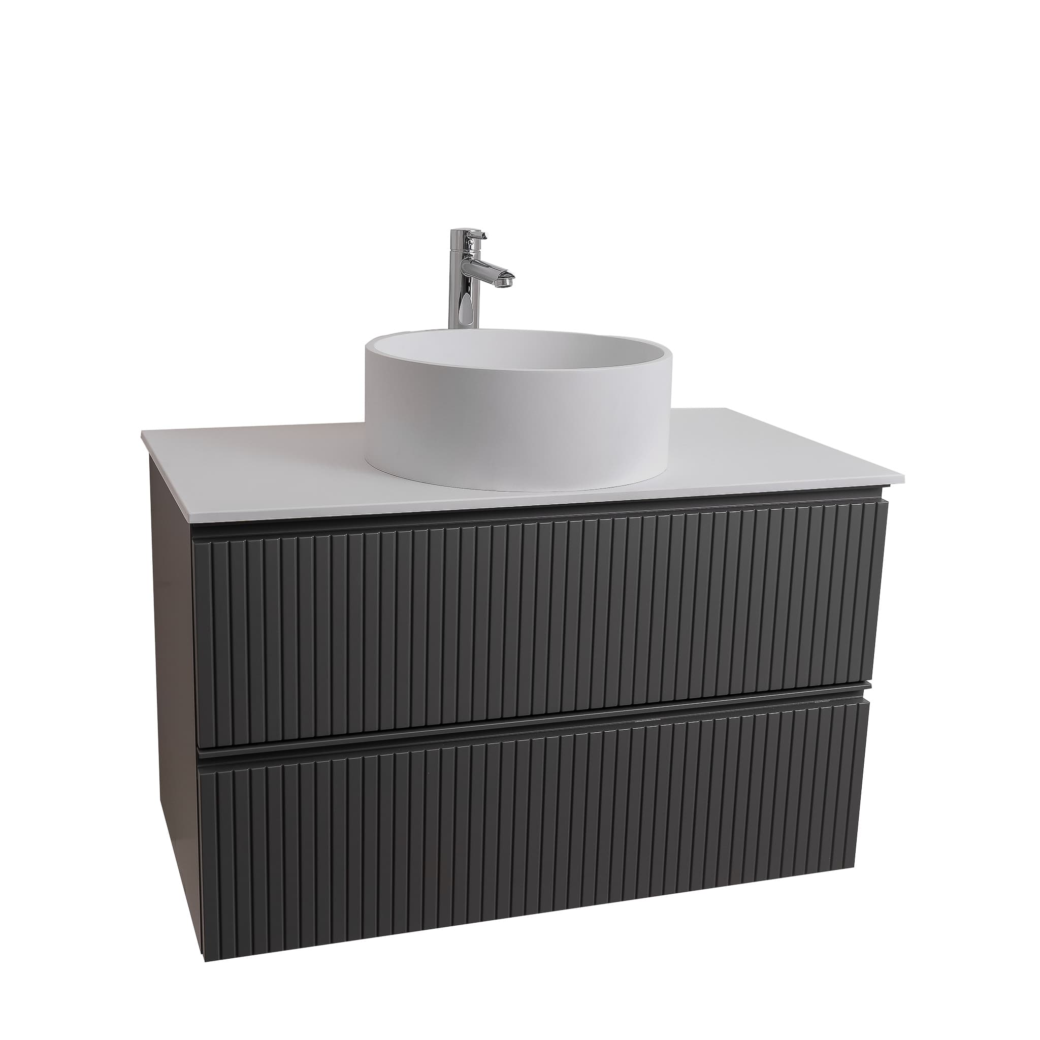 Ares 35.5 Matte Grey Cabinet, Solid Surface Flat White Counter And Round Solid Surface White Basin 1386, Wall Mounted Modern Vanity Set