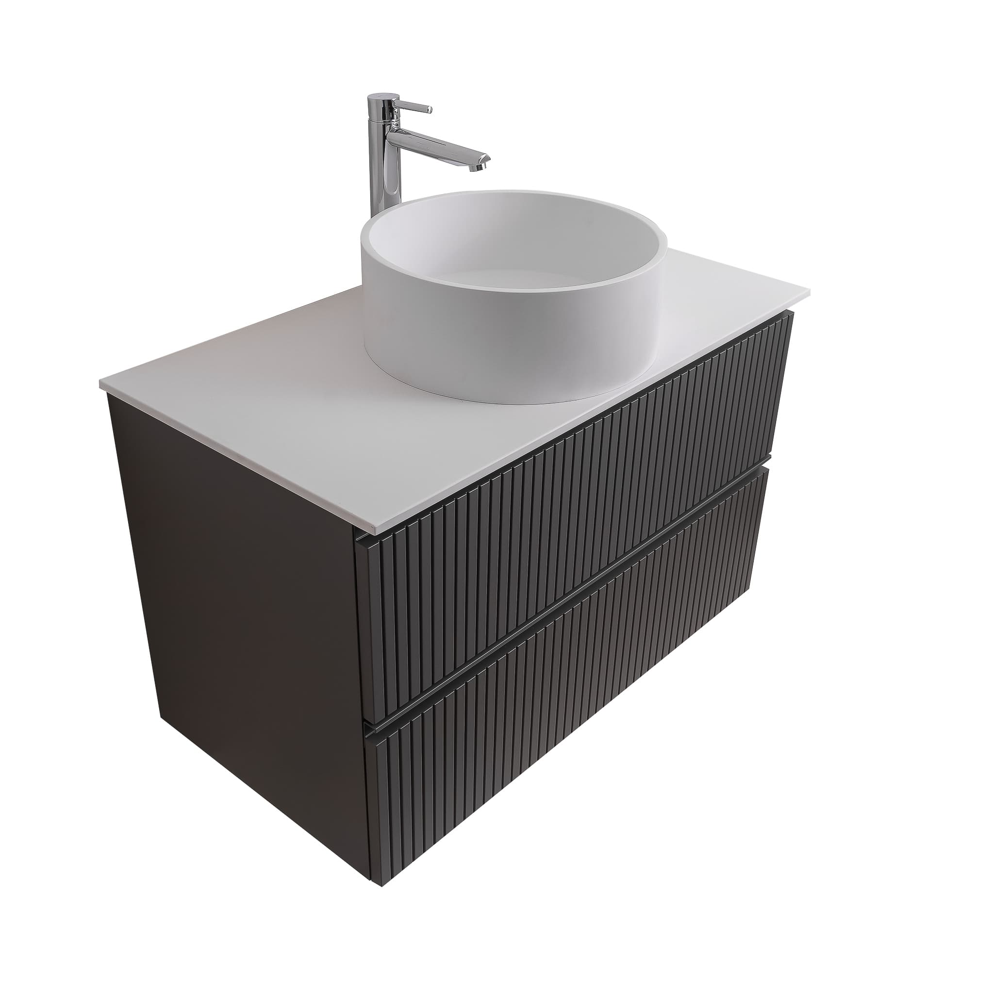 Ares 35.5 Matte Grey Cabinet, Solid Surface Flat White Counter And Round Solid Surface White Basin 1386, Wall Mounted Modern Vanity Set