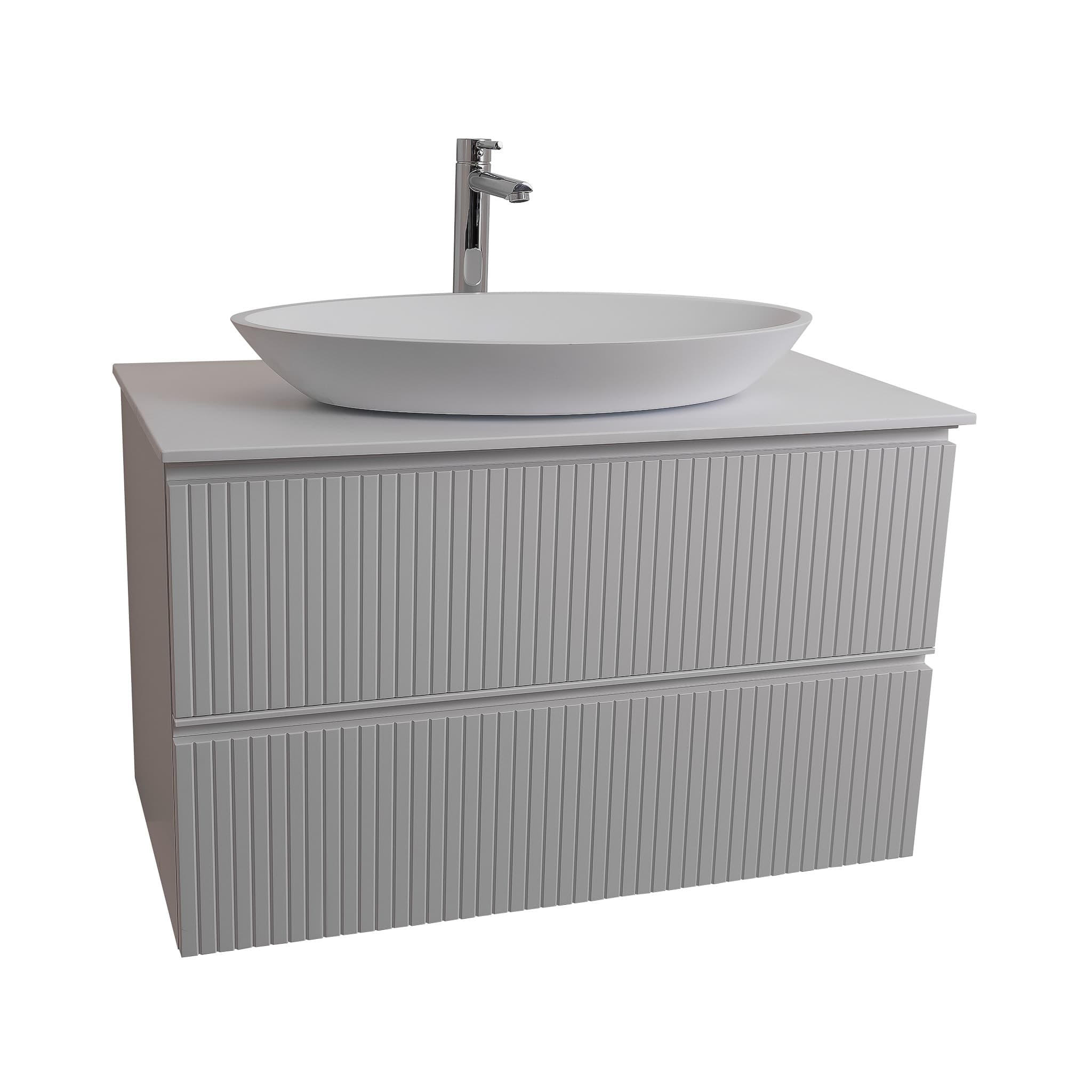 Ares 35.5 Matte White Cabinet, Solid Surface Flat White Counter And Oval Solid Surface White Basin 1305, Wall Mounted Modern Vanity Set