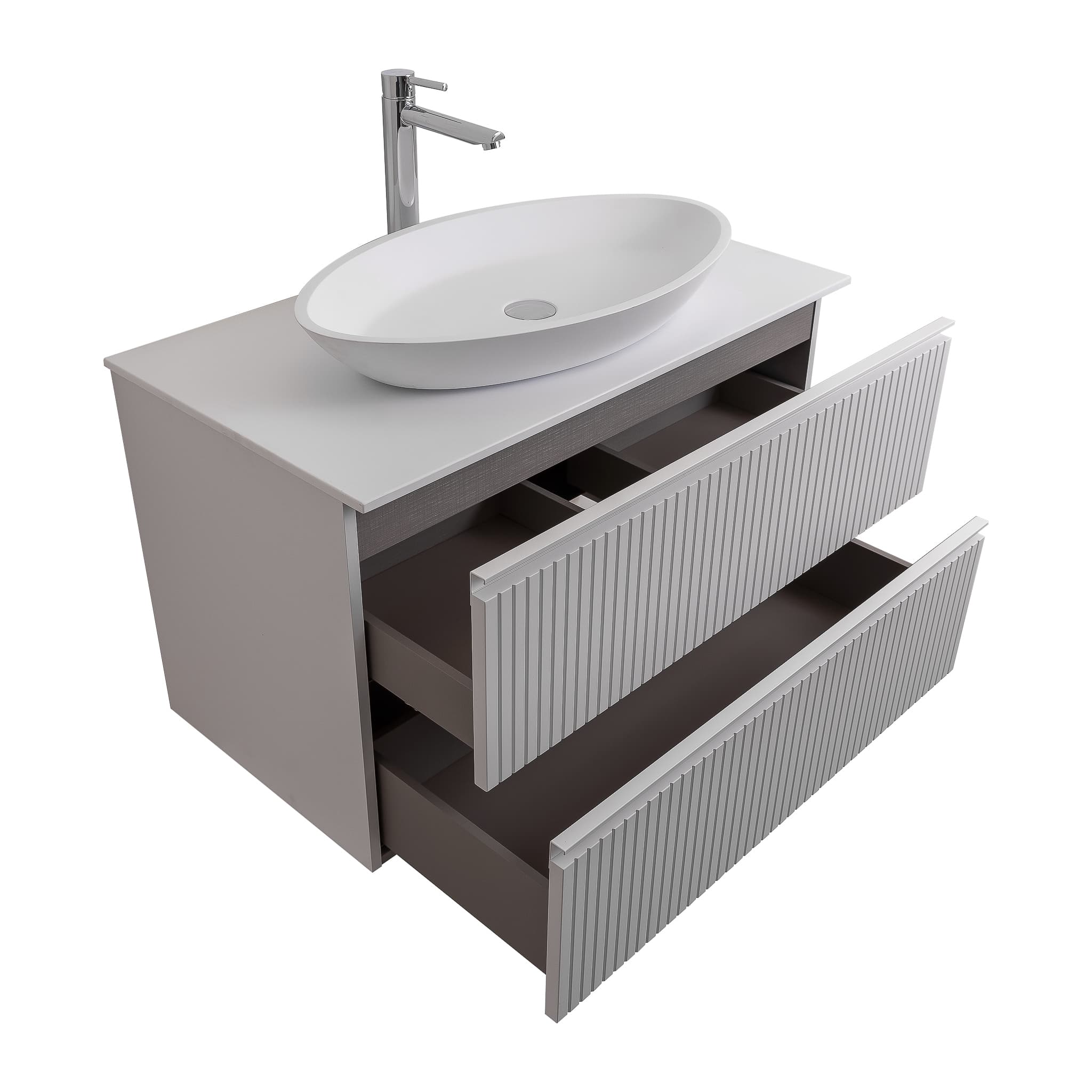 Ares 35.5 Matte White Cabinet, Solid Surface Flat White Counter And Oval Solid Surface White Basin 1305, Wall Mounted Modern Vanity Set