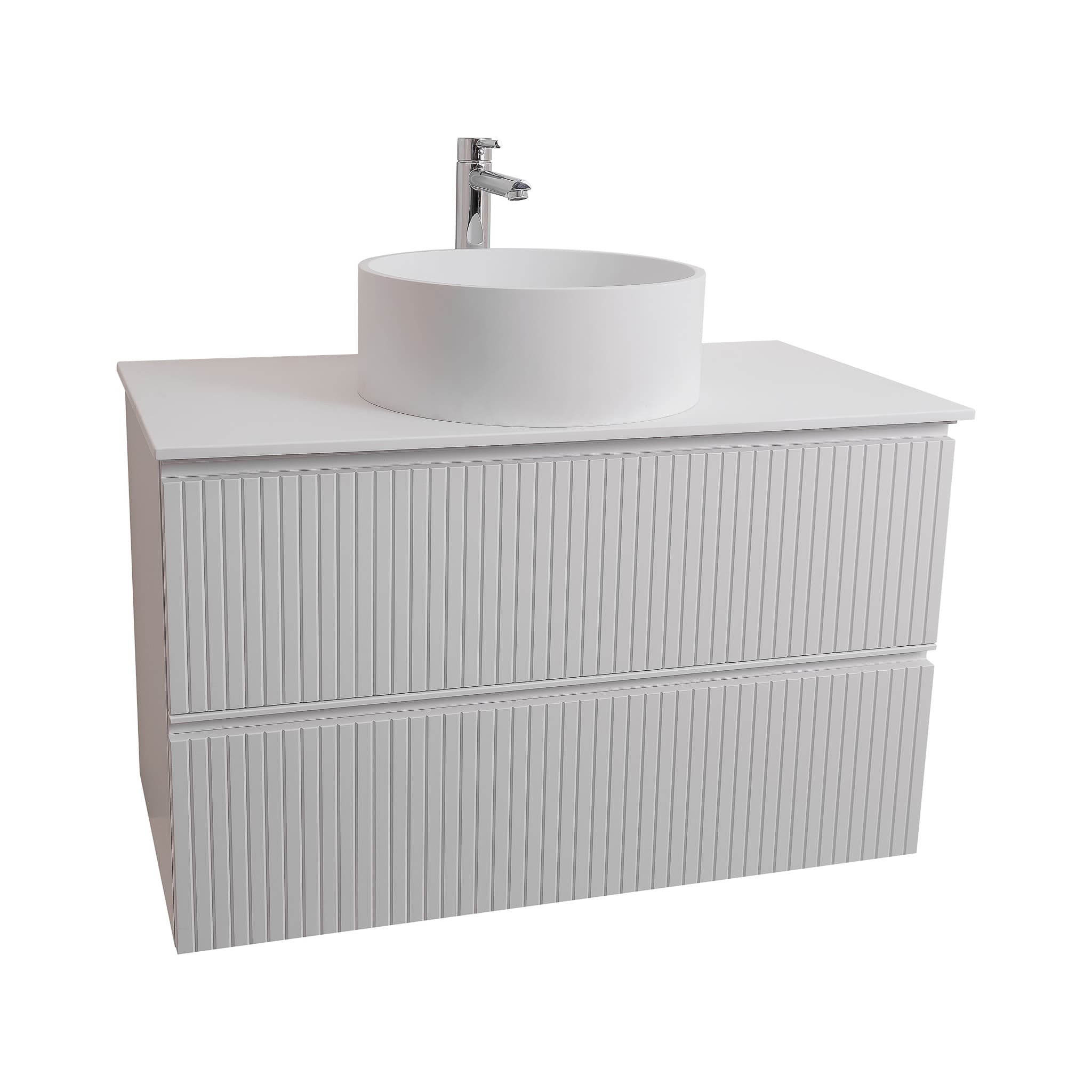 Ares 35.5 Matte White Cabinet, Solid Surface Flat White Counter And Round Solid Surface White Basin 1386, Wall Mounted Modern Vanity Set