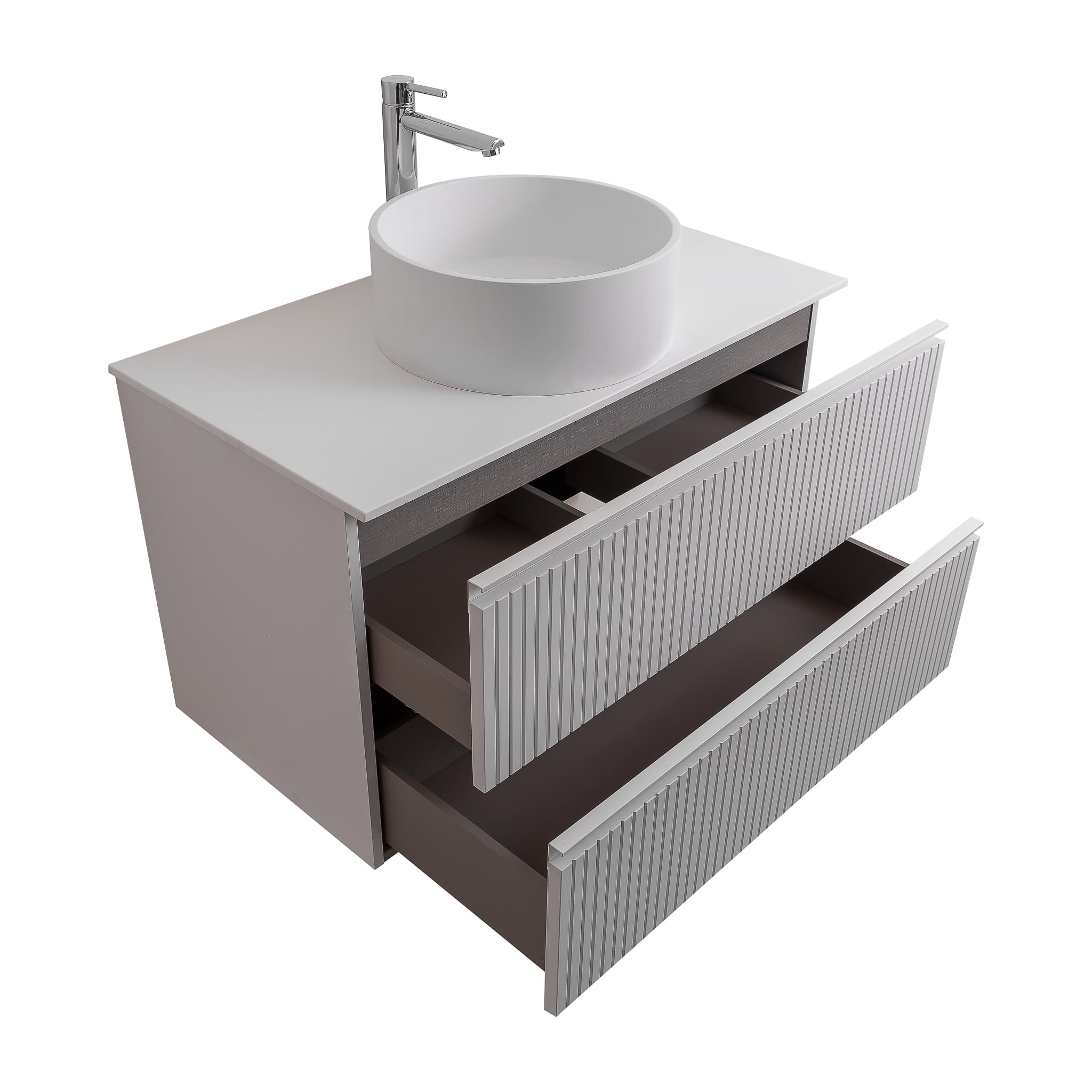 Ares 35.5 Matte White Cabinet, Solid Surface Flat White Counter And Round Solid Surface White Basin 1386, Wall Mounted Modern Vanity Set