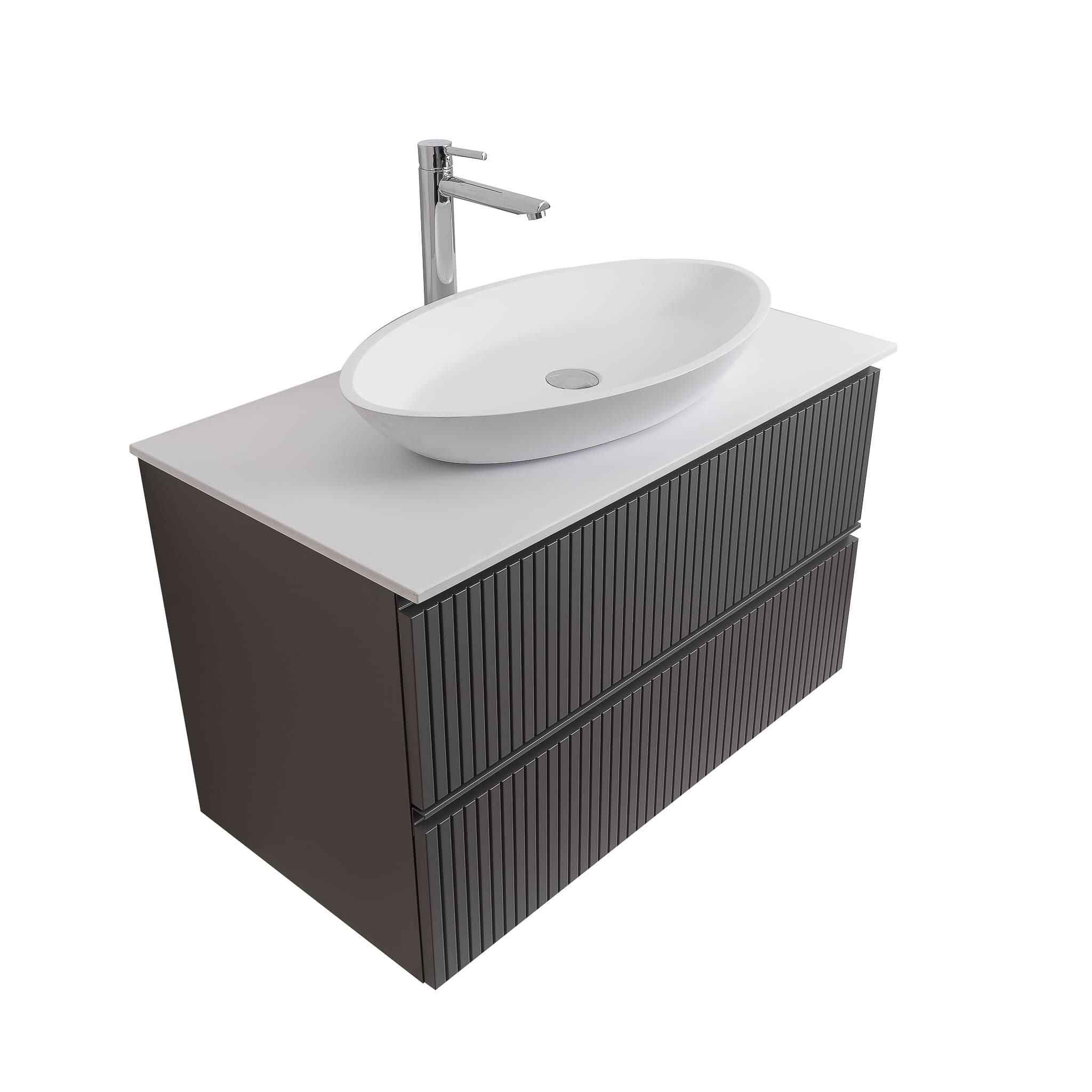 Ares 39.5 Matte Grey Cabinet, Solid Surface Flat White Counter And Oval Solid Surface White Basin 1305, Wall Mounted Modern Vanity Set
