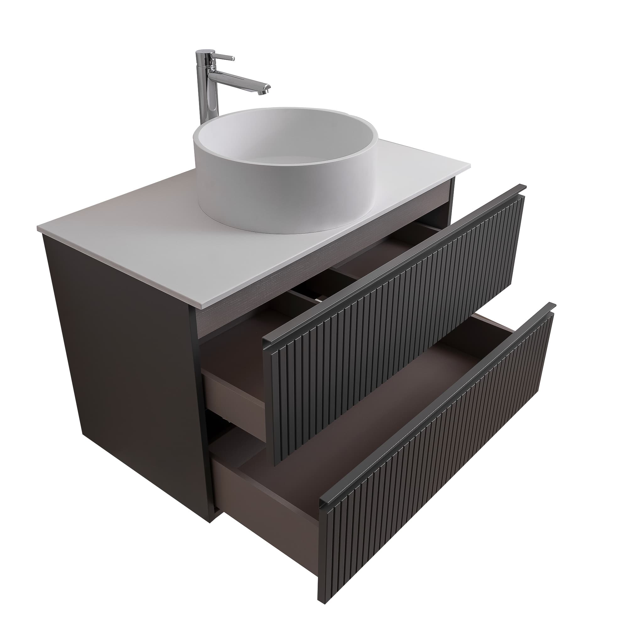 Ares 39.5 Matte Grey Cabinet, Solid Surface Flat White Counter And Round Solid Surface White Basin 1386, Wall Mounted Modern Vanity Set
