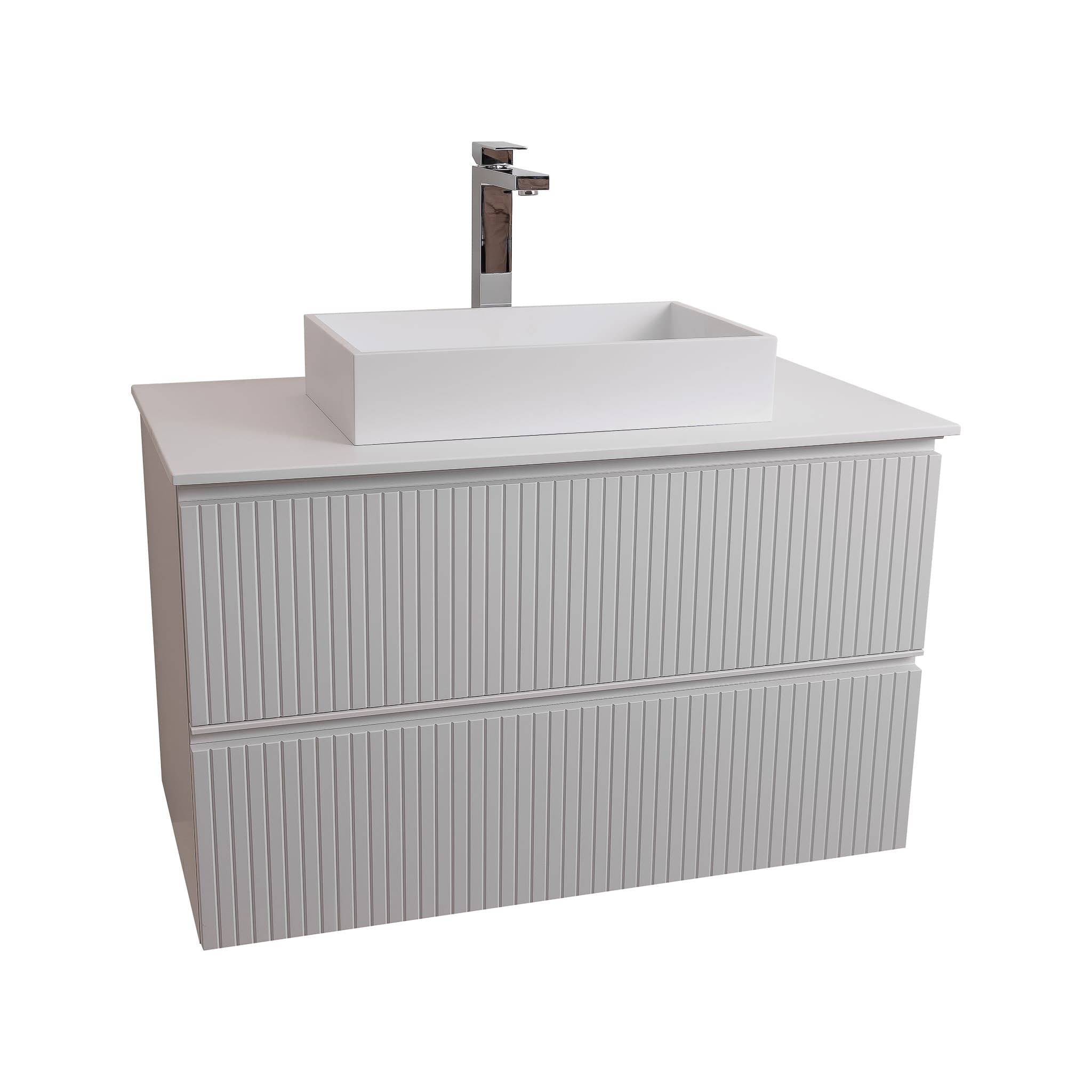 Ares 39.5 Matte White Cabinet, Solid Surface Flat White Counter And Infinity Square Solid Surface White Basin 1329, Wall Mounted Modern Vanity Set
