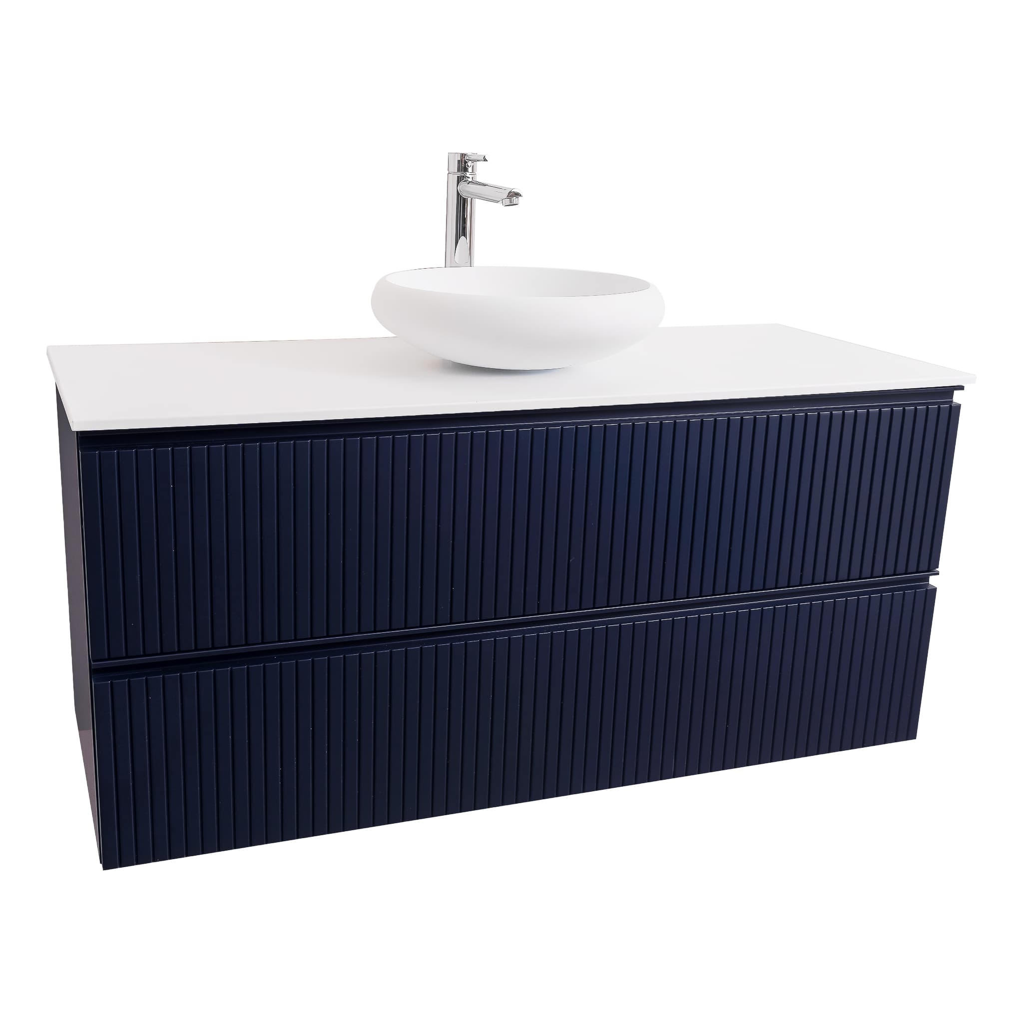 Ares 47.5 Matte Navy Blue Cabinet, Solid Surface Flat White Counter And Round Solid Surface White Basin 1153, Wall Mounted Modern Vanity Set Bath Trends USA