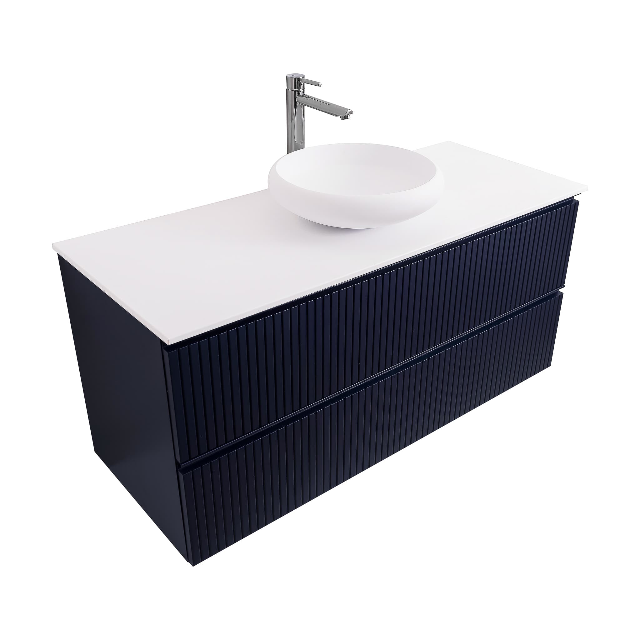 Ares 47.5 Matte Navy Blue Cabinet, Solid Surface Flat White Counter And Round Solid Surface White Basin 1153, Wall Mounted Modern Vanity Set Bath Trends USA