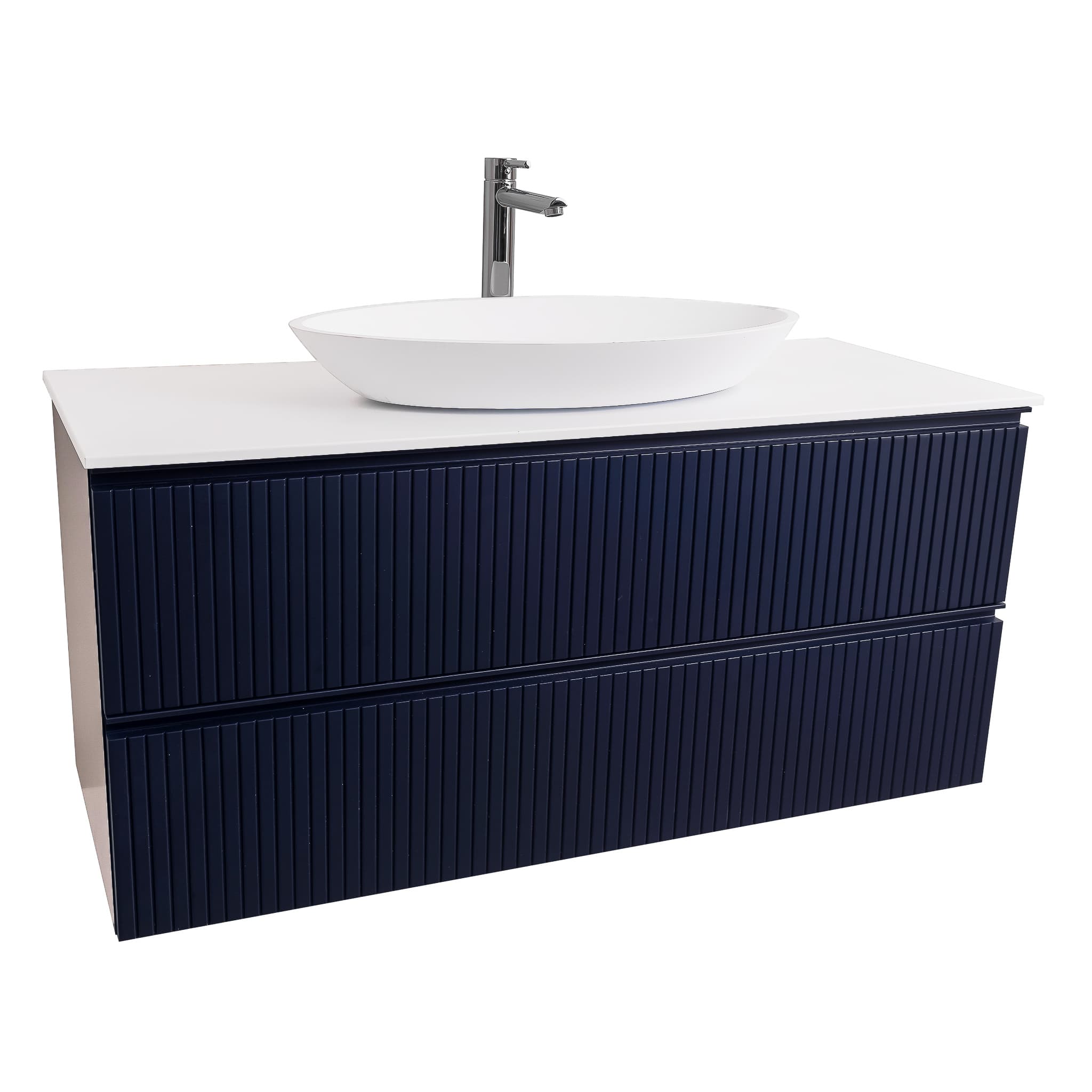 Ares 47.5 Matte Navy Blue Cabinet, Solid Surface Flat White Counter And Oval Solid Surface White Basin 1305, Wall Mounted Modern Vanity Set