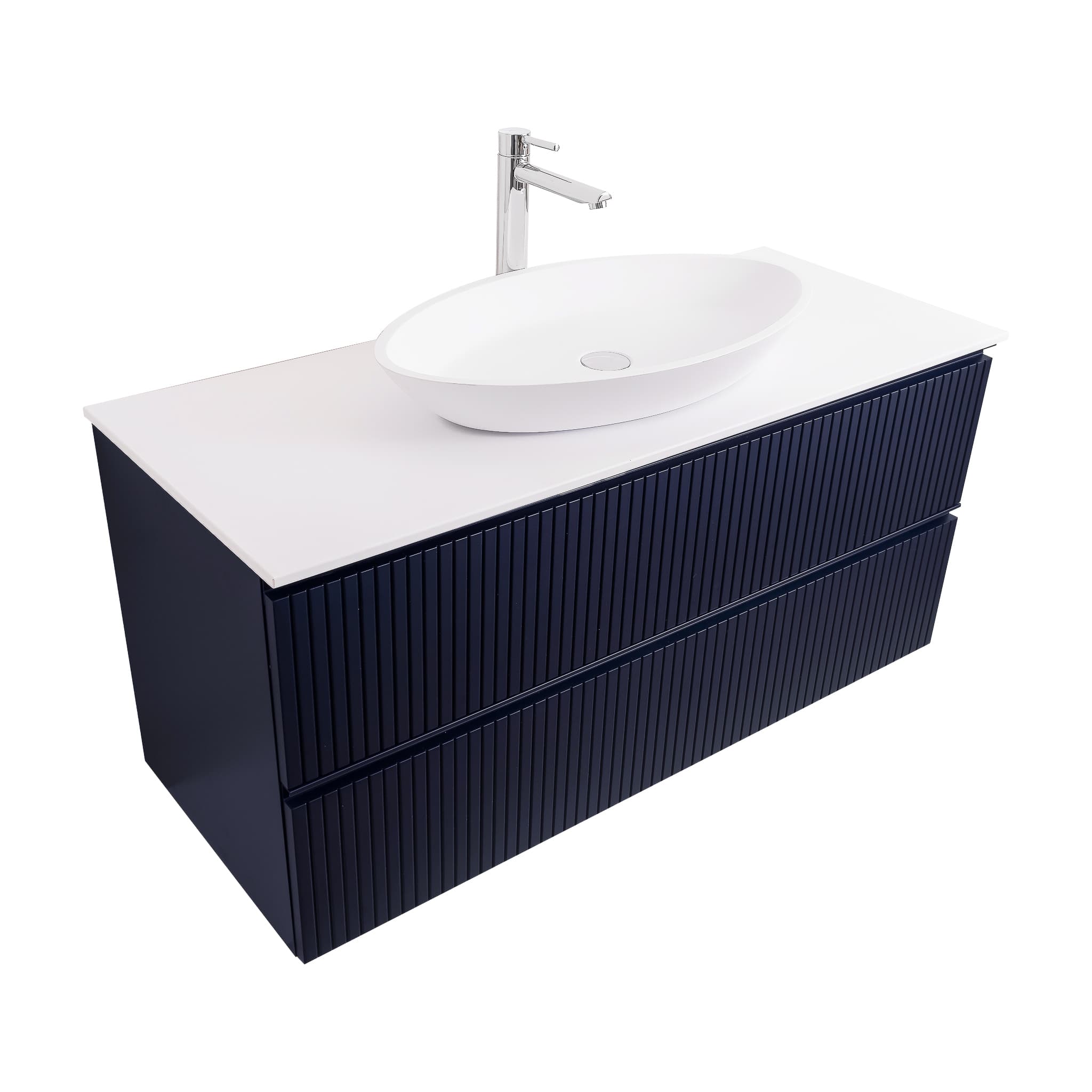 Ares 47.5 Matte Navy Blue Cabinet, Solid Surface Flat White Counter And Oval Solid Surface White Basin 1305, Wall Mounted Modern Vanity Set