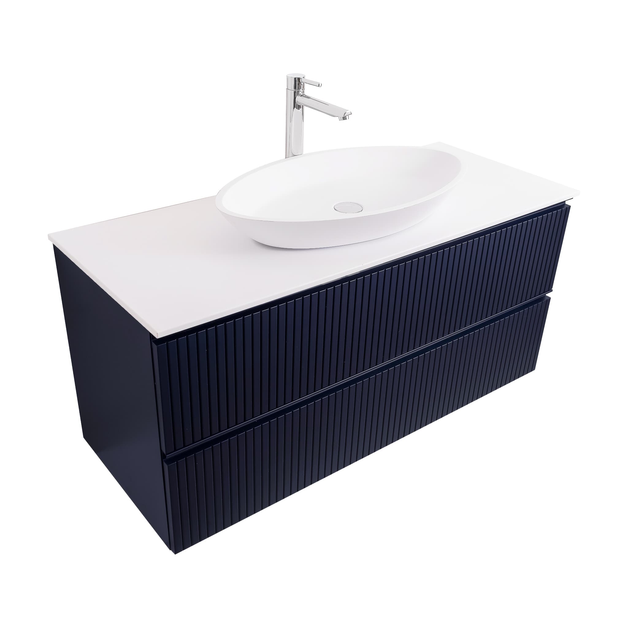 Ares 47.5 Matte Navy Blue Cabinet, Solid Surface Flat White Counter And Oval Solid Surface White Basin 1305, Wall Mounted Modern Vanity Set Bath Trends USA