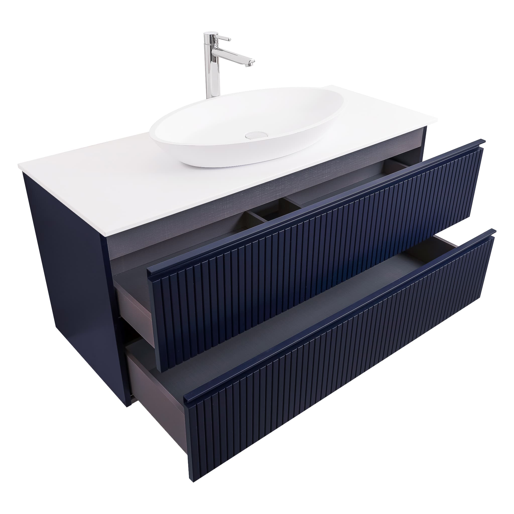 Ares 47.5 Matte Navy Blue Cabinet, Solid Surface Flat White Counter And Oval Solid Surface White Basin 1305, Wall Mounted Modern Vanity Set
