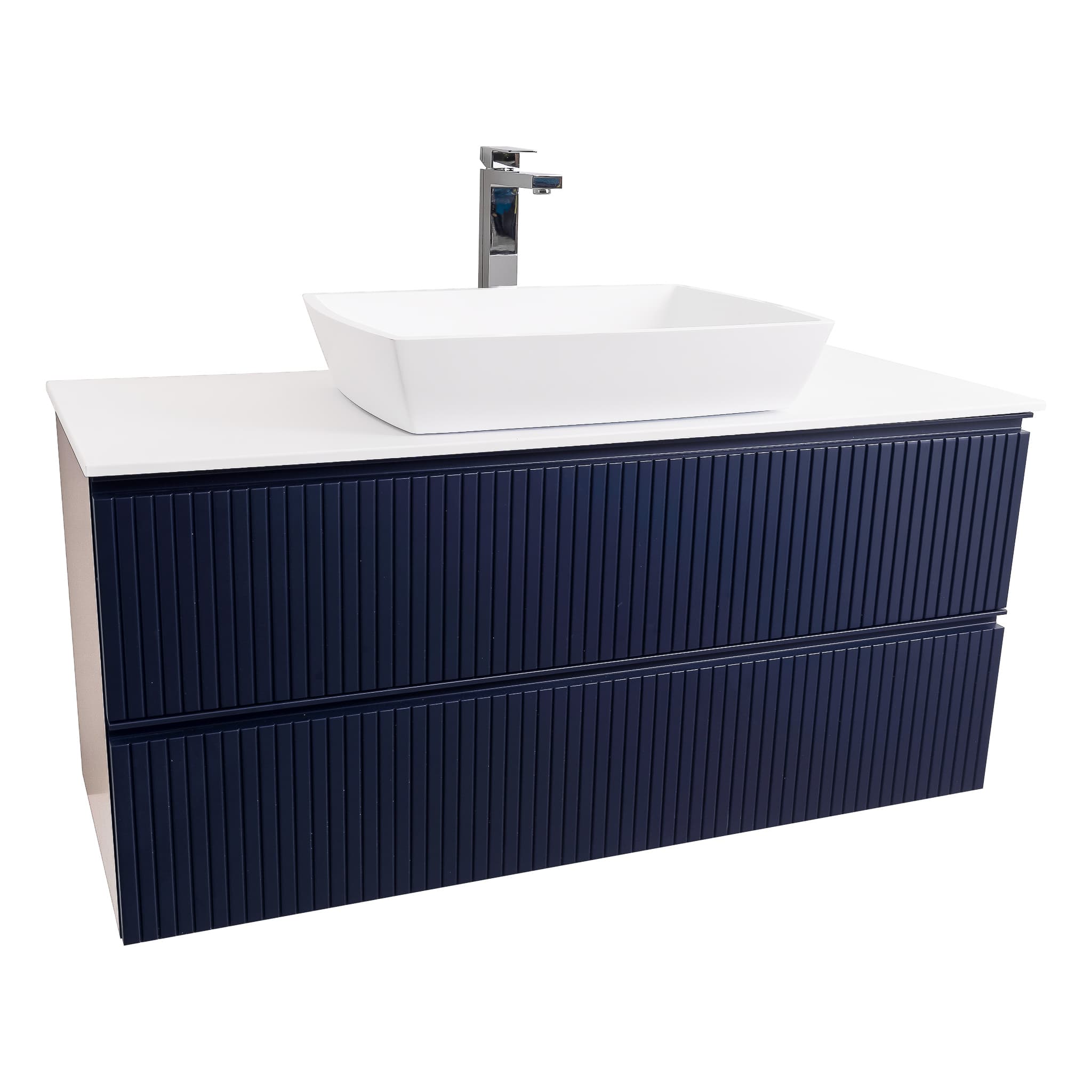 Ares 47.5 Matte Navy Blue Cabinet, Solid Surface Flat White Counter And Square Solid Surface White Basin 1316, Wall Mounted Modern Vanity Set Bath Trends USA