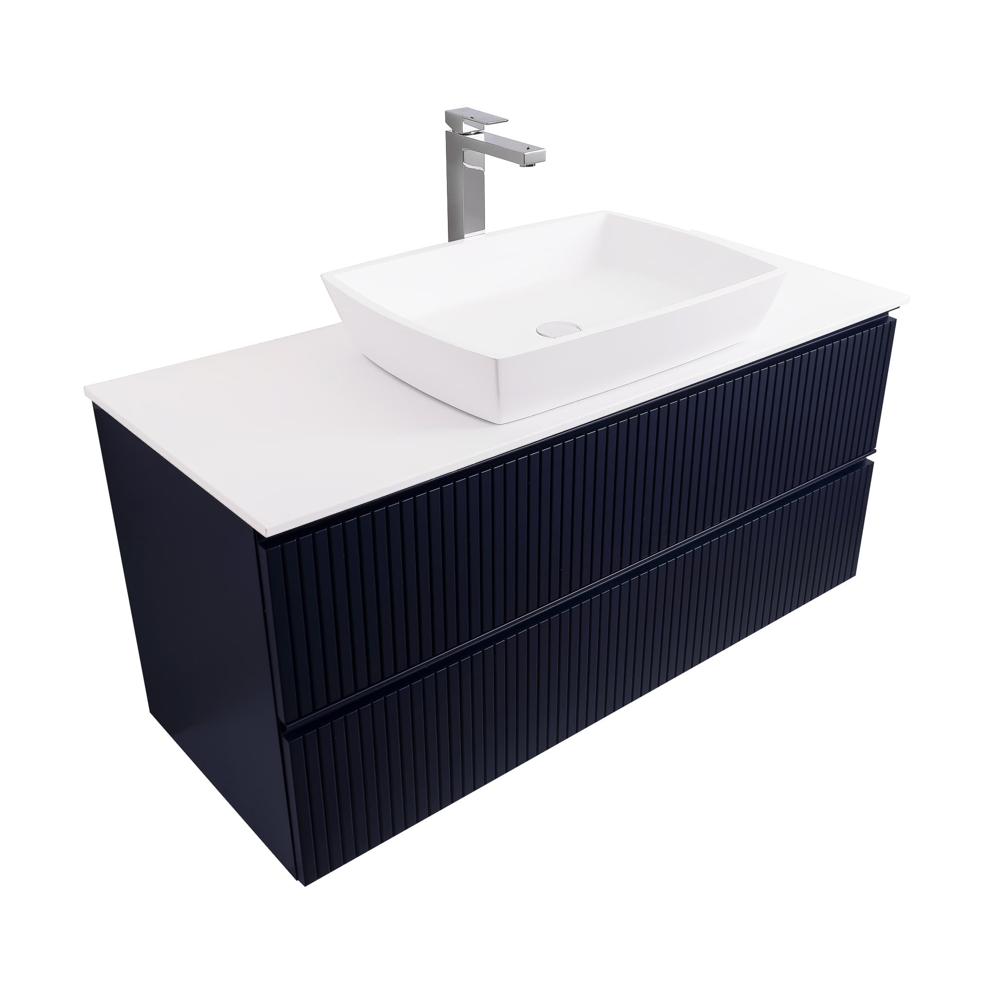 Ares 47.5 Matte Navy Blue Cabinet, Solid Surface Flat White Counter And Square Solid Surface White Basin 1316, Wall Mounted Modern Vanity Set Bath Trends USA