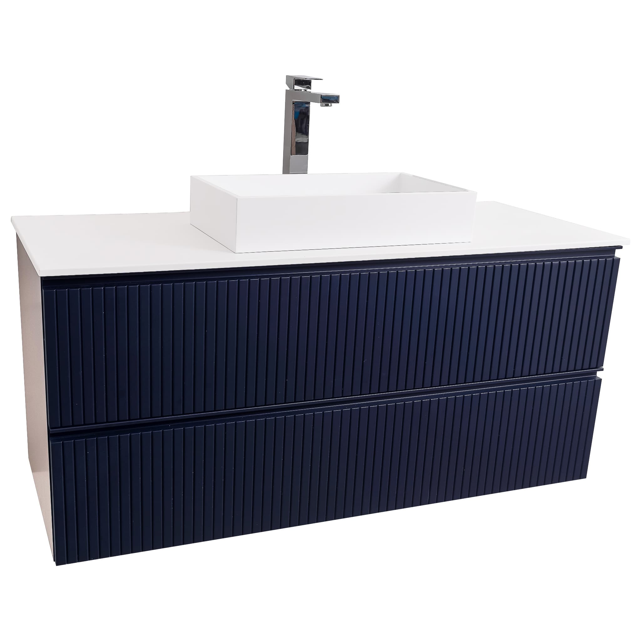 Ares 47.5 Matte Navy Blue Cabinet, Solid Surface Flat White Counter And Infinity Square Solid Surface White Basin 1329, Wall Mounted Modern Vanity Set