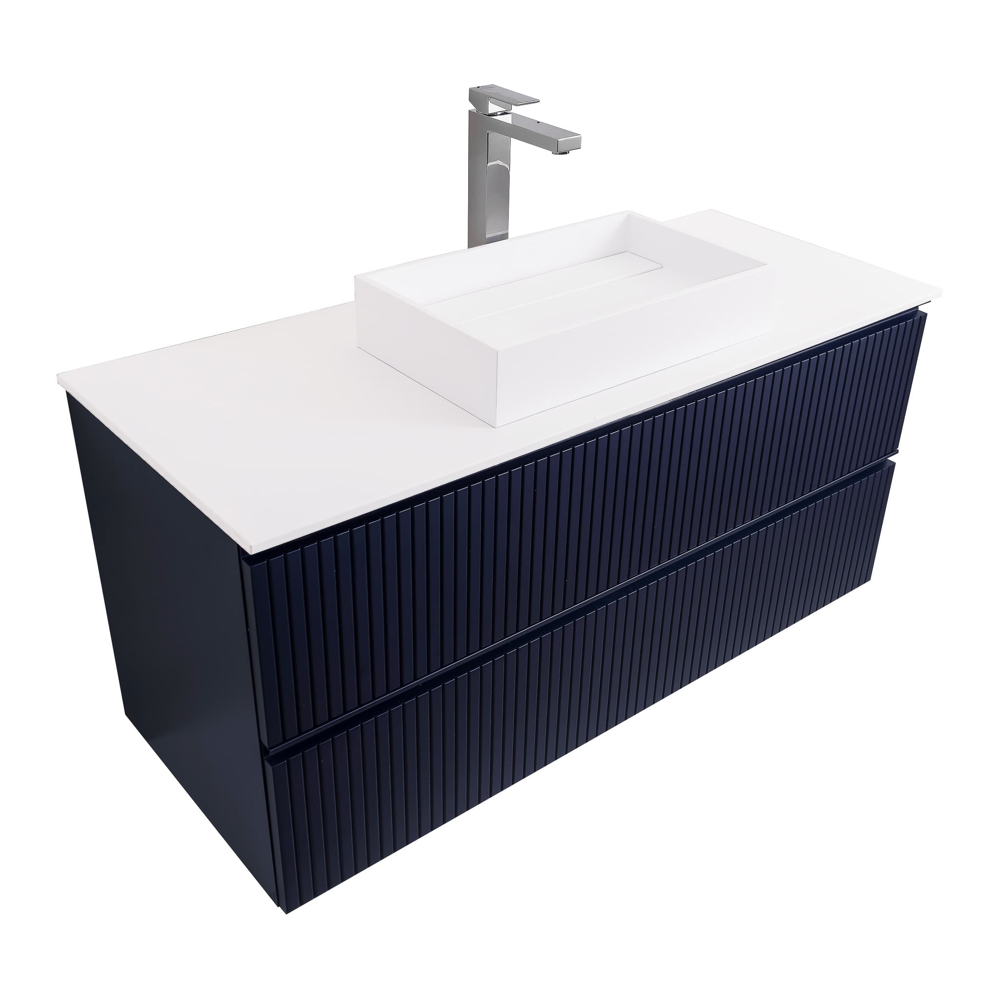 Ares 47.5 Matte Navy Blue Cabinet, Solid Surface Flat White Counter And Infinity Square Solid Surface White Basin 1329, Wall Mounted Modern Vanity Set