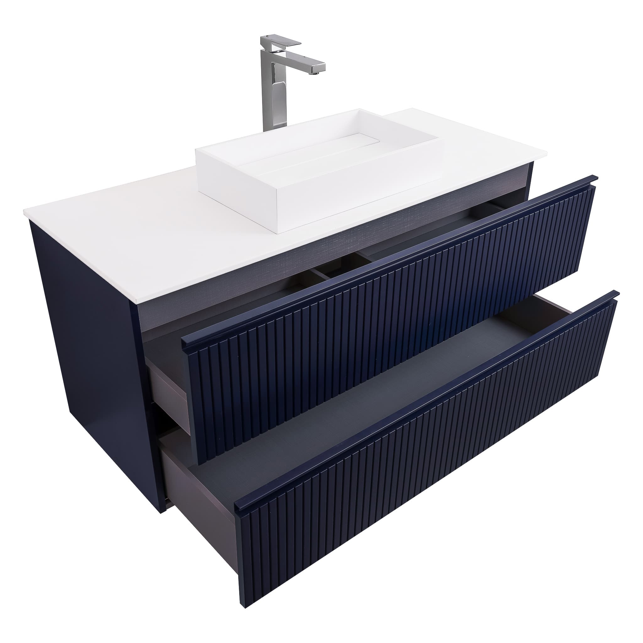Ares 47.5 Matte Navy Blue Cabinet, Solid Surface Flat White Counter And Infinity Square Solid Surface White Basin 1329, Wall Mounted Modern Vanity Set