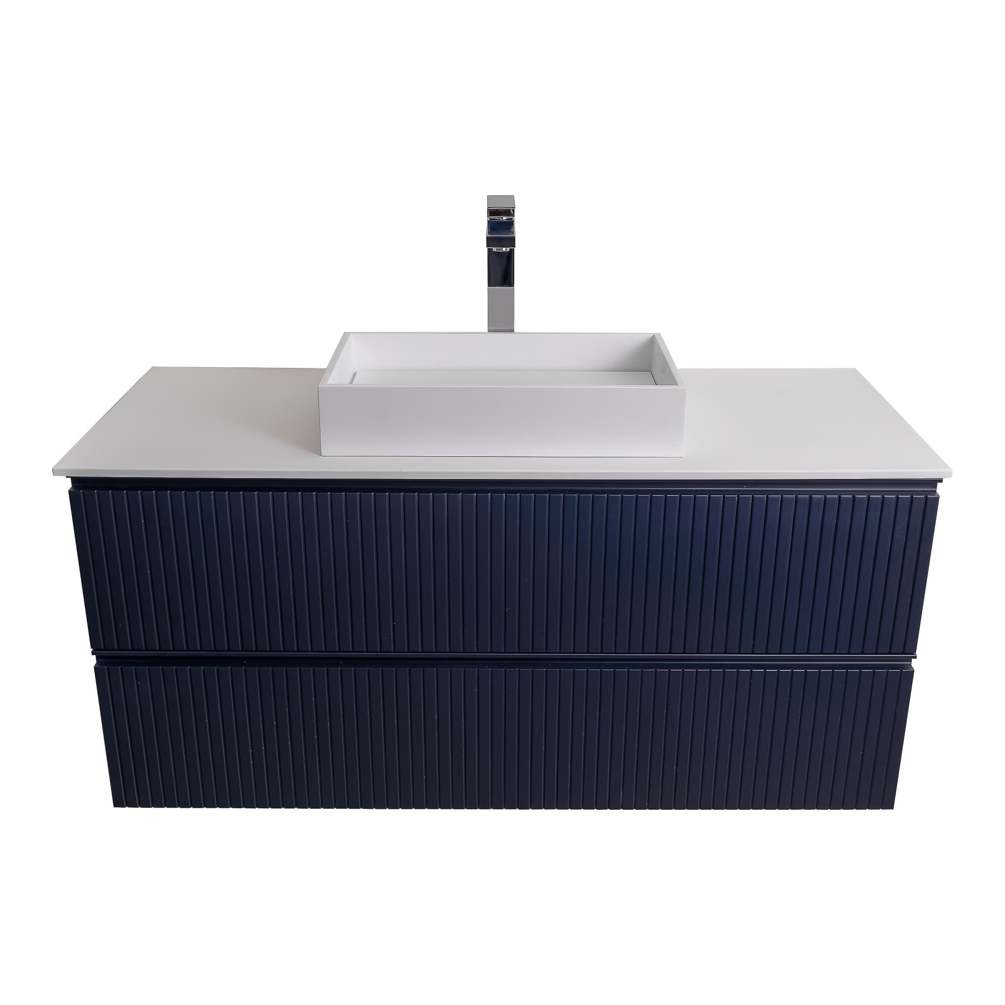 Ares 47.5 Matte Navy Blue Cabinet, Solid Surface Flat White Counter And Infinity Square Solid Surface White Basin 1329, Wall Mounted Modern Vanity Set