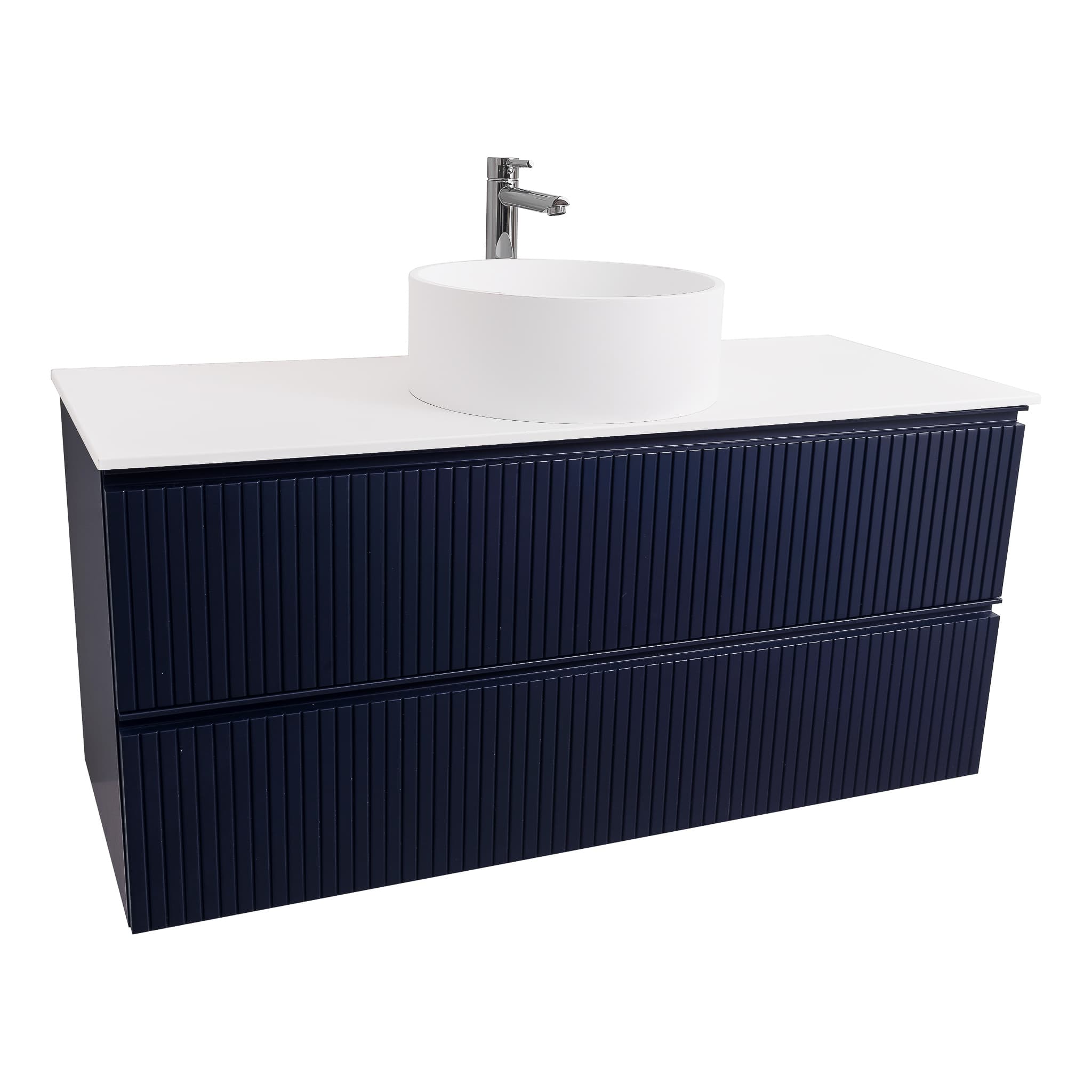 Ares 47.5 Matte Navy Blue Cabinet, Solid Surface Flat White Counter And Round Solid Surface White Basin 1386, Wall Mounted Modern Vanity Set