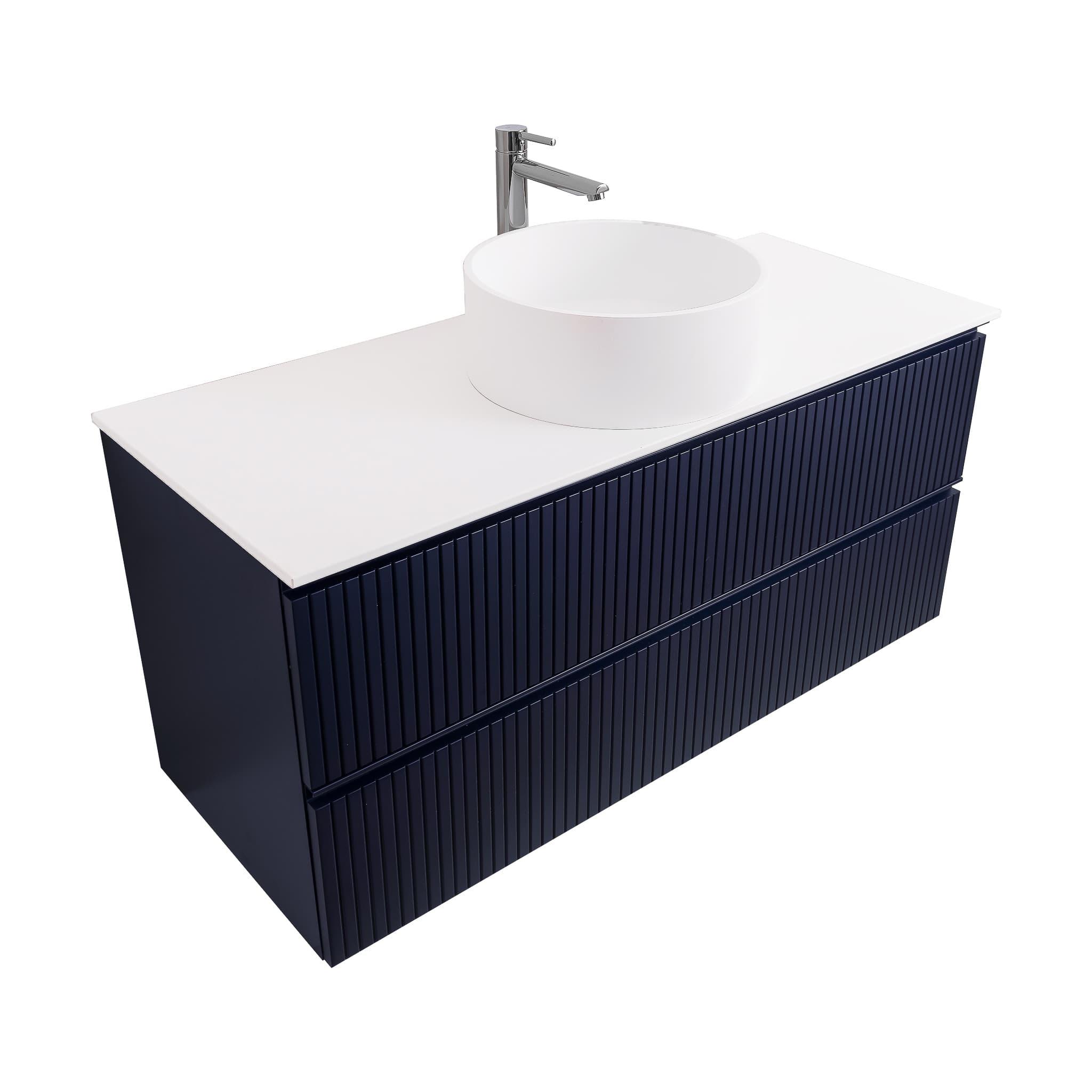 Ares 47.5 Matte Navy Blue Cabinet, Solid Surface Flat White Counter And Round Solid Surface White Basin 1386, Wall Mounted Modern Vanity Set Bath Trends USA