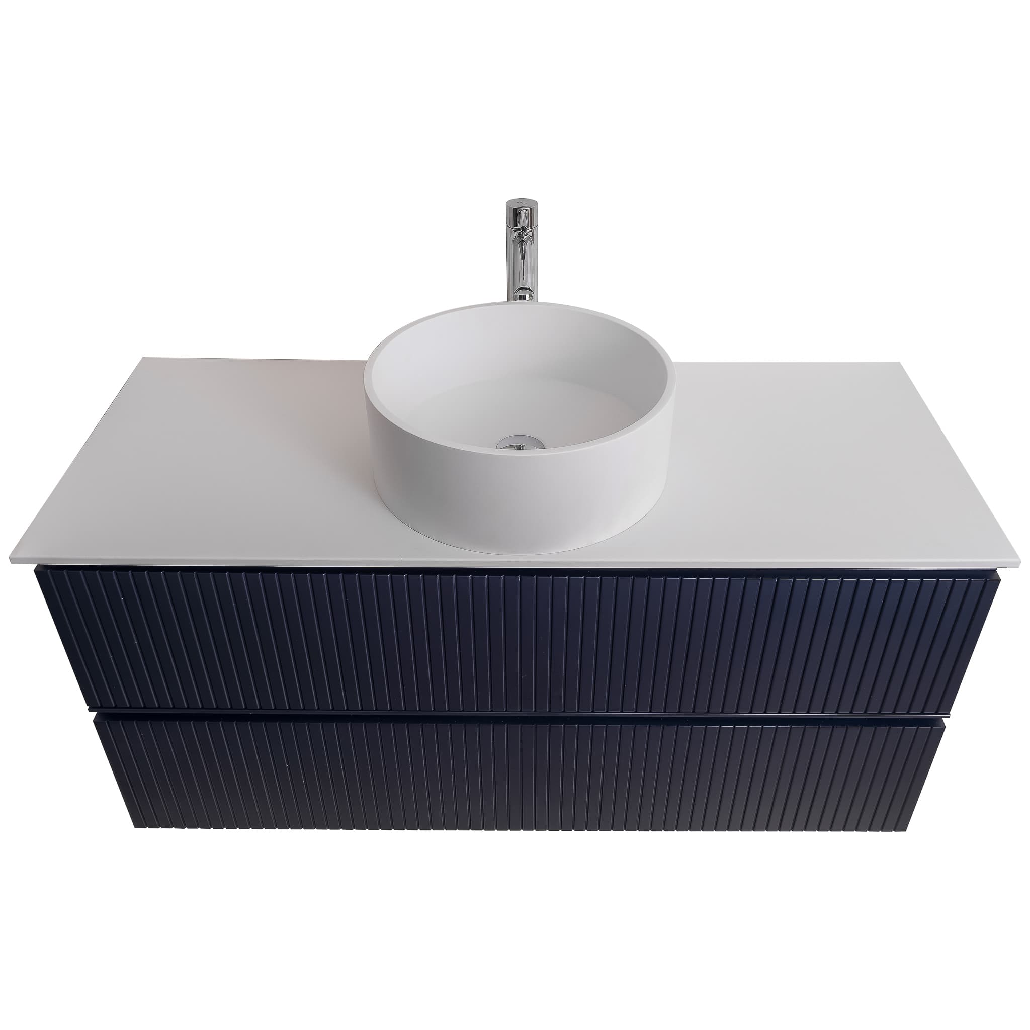 Ares 47.5 Matte Navy Blue Cabinet, Solid Surface Flat White Counter And Round Solid Surface White Basin 1386, Wall Mounted Modern Vanity Set