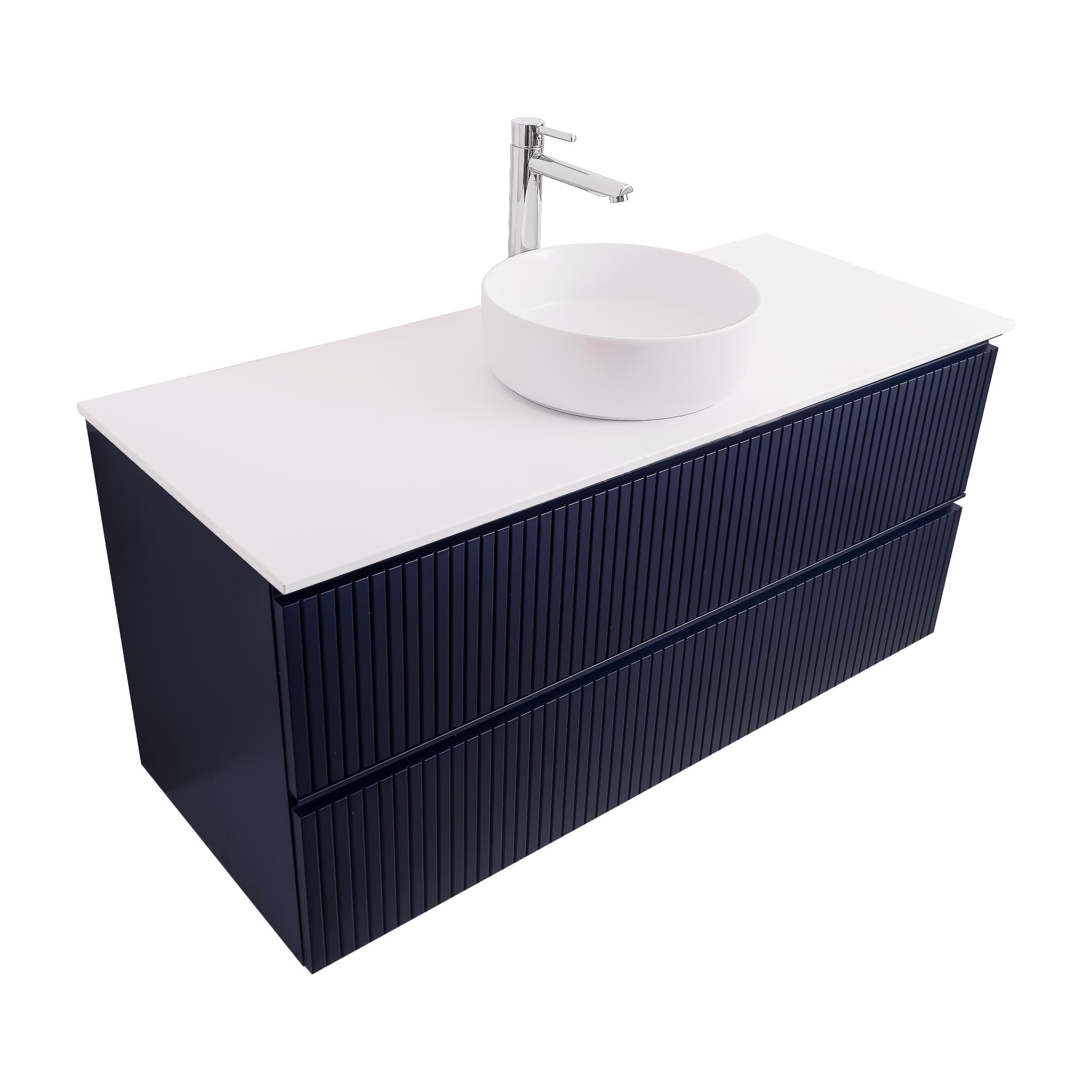 Ares 47.5 Matte Navy Blue Cabinet, Ares White Top And Ares White Ceramic Basin, Wall Mounted Modern Vanity Set Bath Trends USA