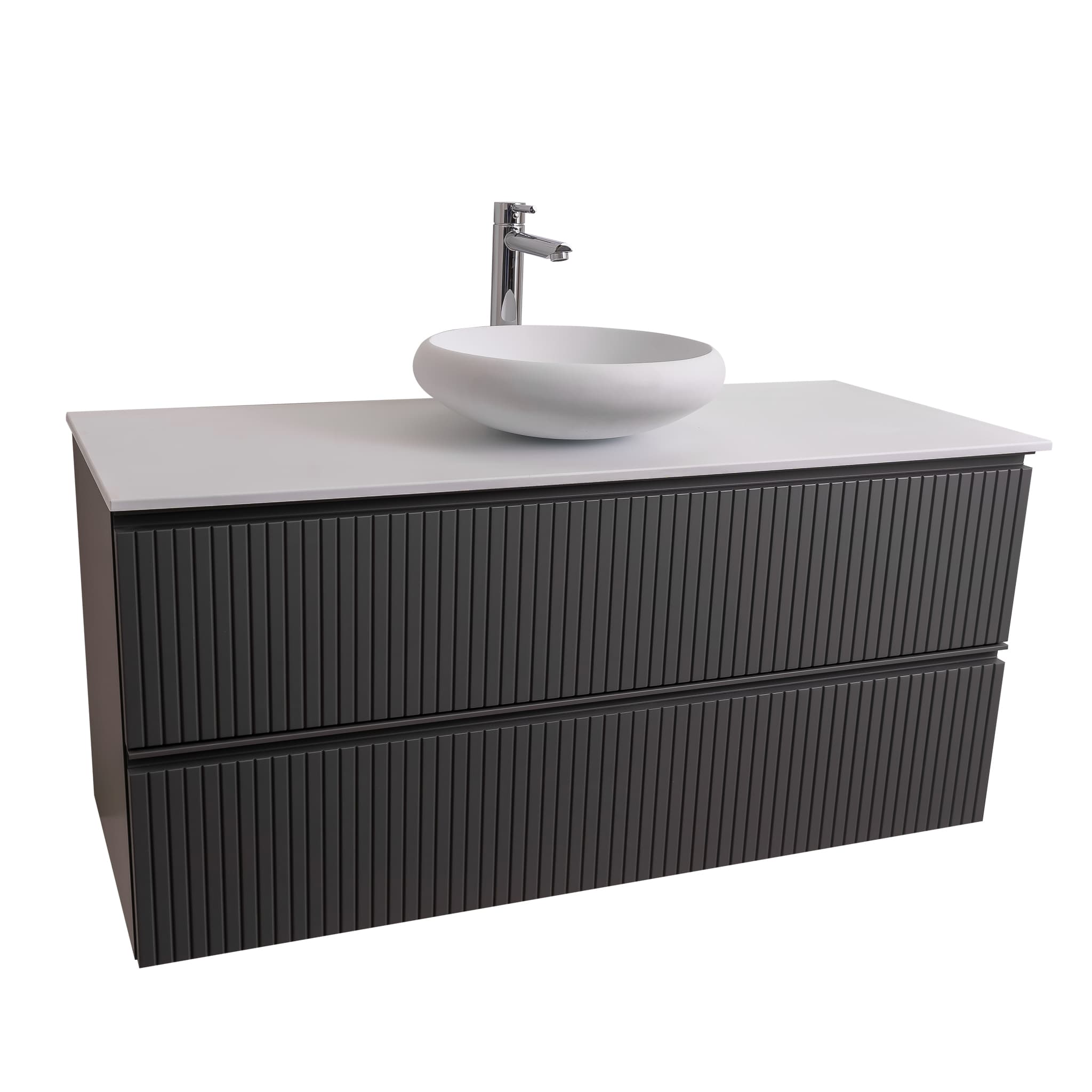 Ares 47.5 Matte Grey Cabinet, Solid Surface Flat White Counter And Round Solid Surface White Basin 1153, Wall Mounted Modern Vanity Set
