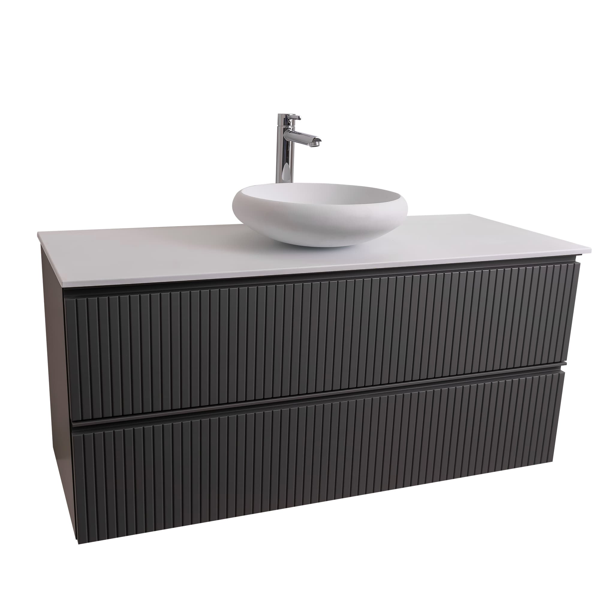 Ares 47.5 Matte Grey Cabinet, Solid Surface Flat White Counter And Round Solid Surface White Basin 1153, Wall Mounted Modern Vanity Set Bath Trends USA