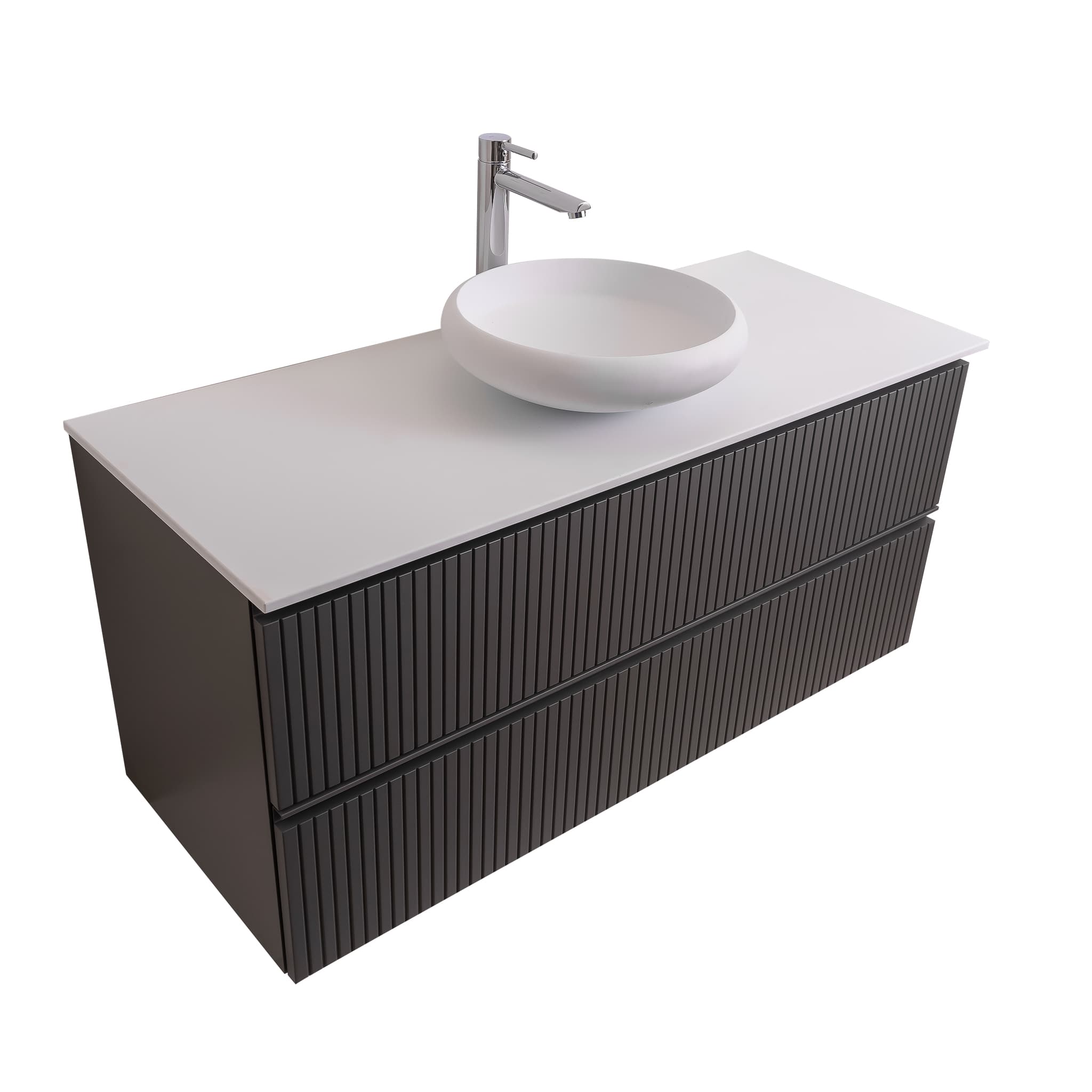 Ares 47.5 Matte Grey Cabinet, Solid Surface Flat White Counter And Round Solid Surface White Basin 1153, Wall Mounted Modern Vanity Set Bath Trends USA