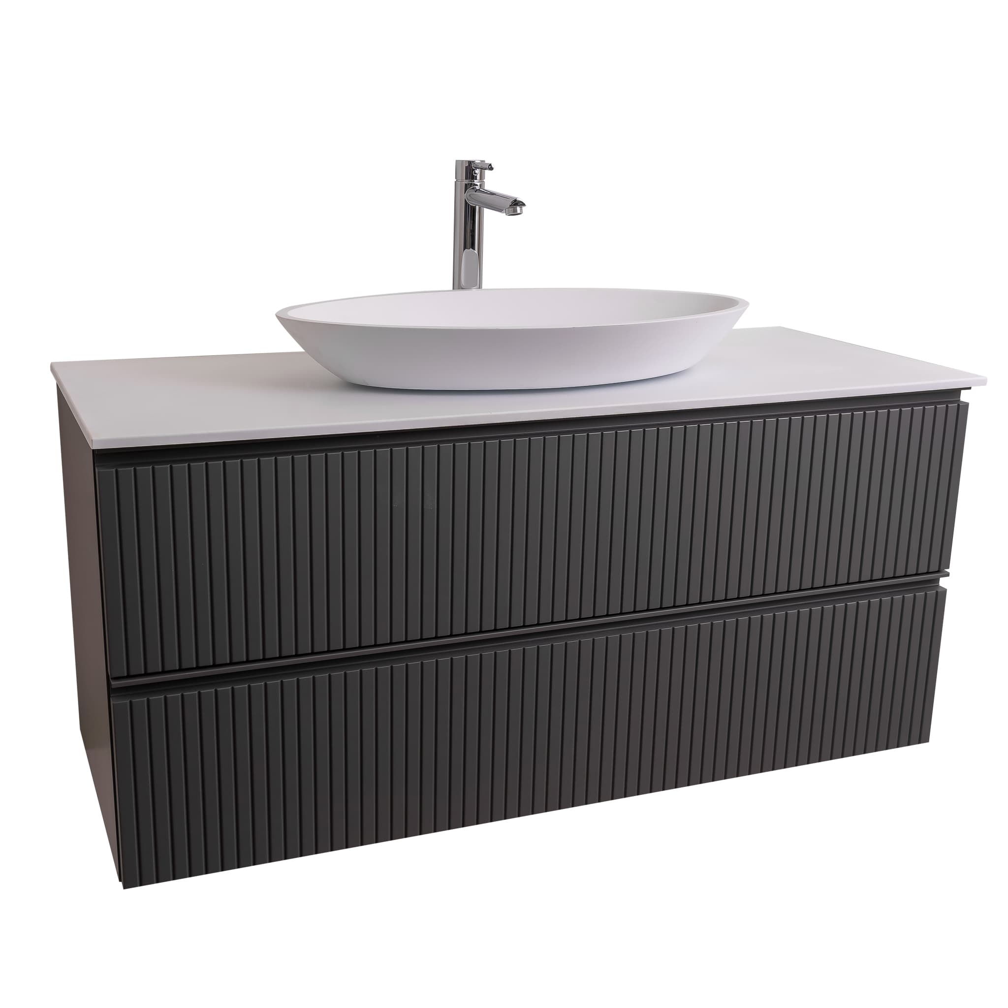 Ares 47.5 Matte Grey Cabinet, Solid Surface Flat White Counter And Oval Solid Surface White Basin 1305, Wall Mounted Modern Vanity Set