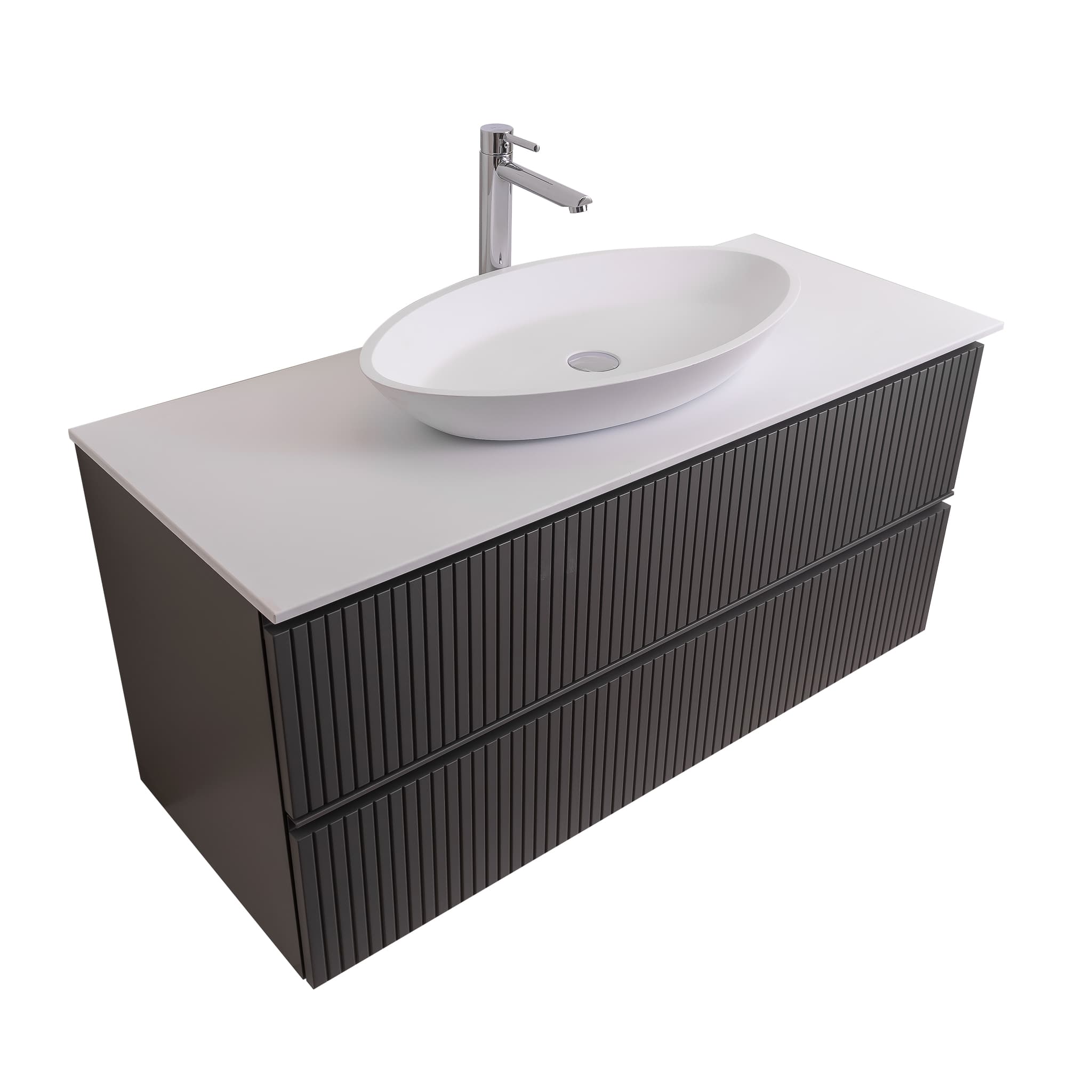 Ares 47.5 Matte Grey Cabinet, Solid Surface Flat White Counter And Oval Solid Surface White Basin 1305, Wall Mounted Modern Vanity Set Bath Trends USA