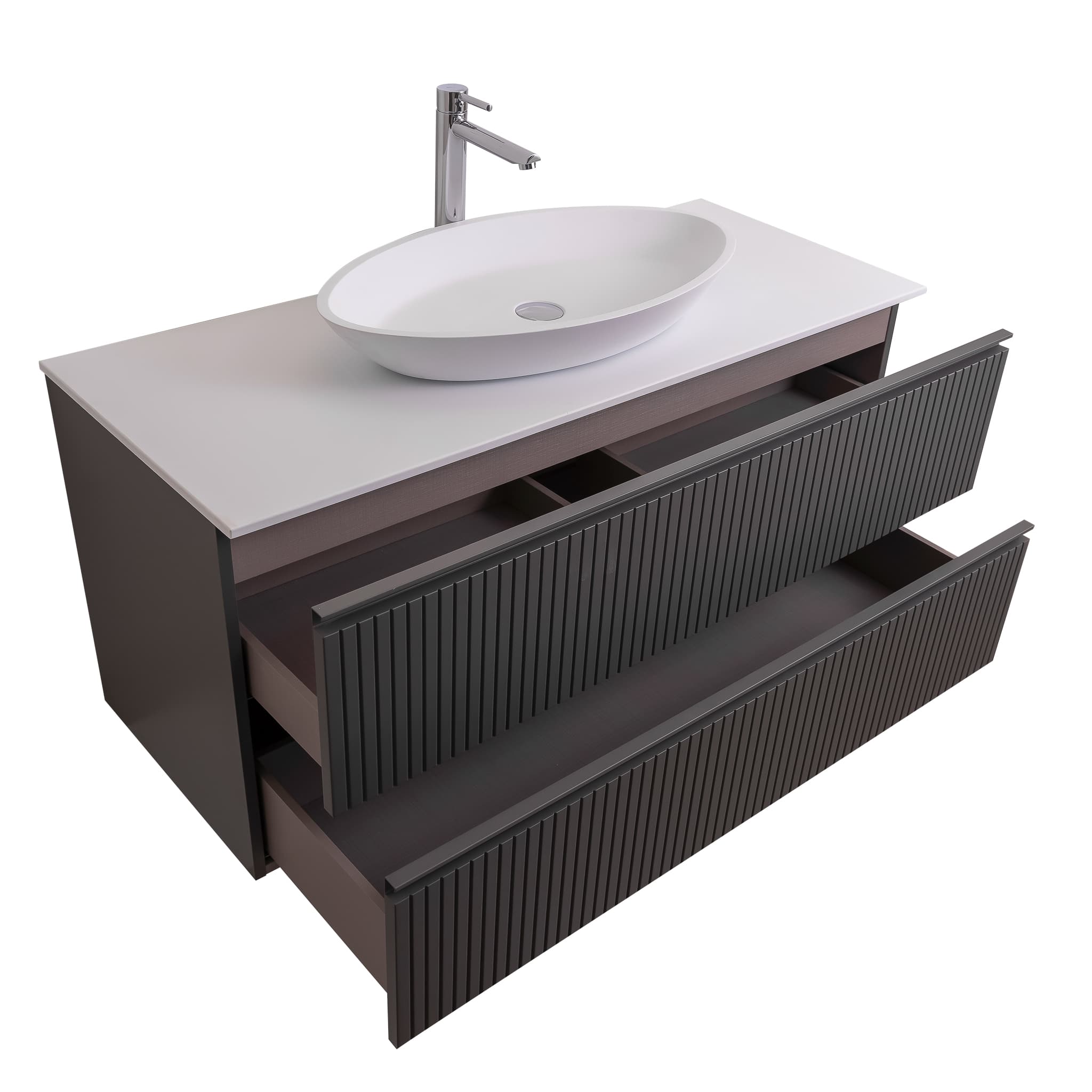 Ares 47.5 Matte Grey Cabinet, Solid Surface Flat White Counter And Oval Solid Surface White Basin 1305, Wall Mounted Modern Vanity Set