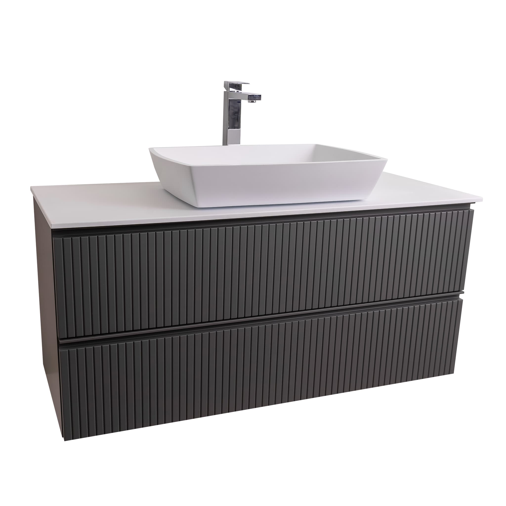 Ares 47.5 Matte Grey Cabinet, Solid Surface Flat White Counter And Square Solid Surface White Basin 1316, Wall Mounted Modern Vanity Set Bath Trends USA