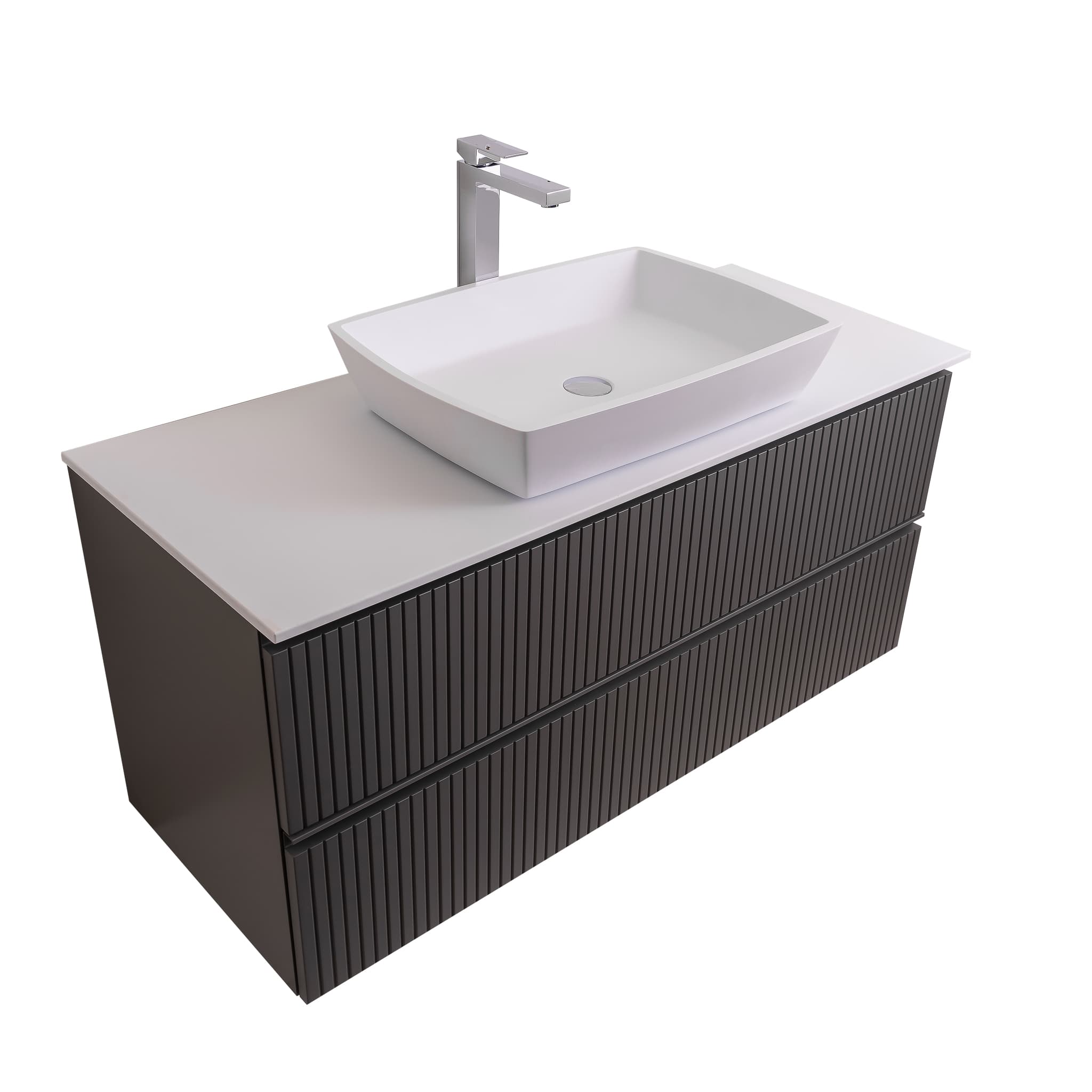 Ares 47.5 Matte Grey Cabinet, Solid Surface Flat White Counter And Square Solid Surface White Basin 1316, Wall Mounted Modern Vanity Set Bath Trends USA