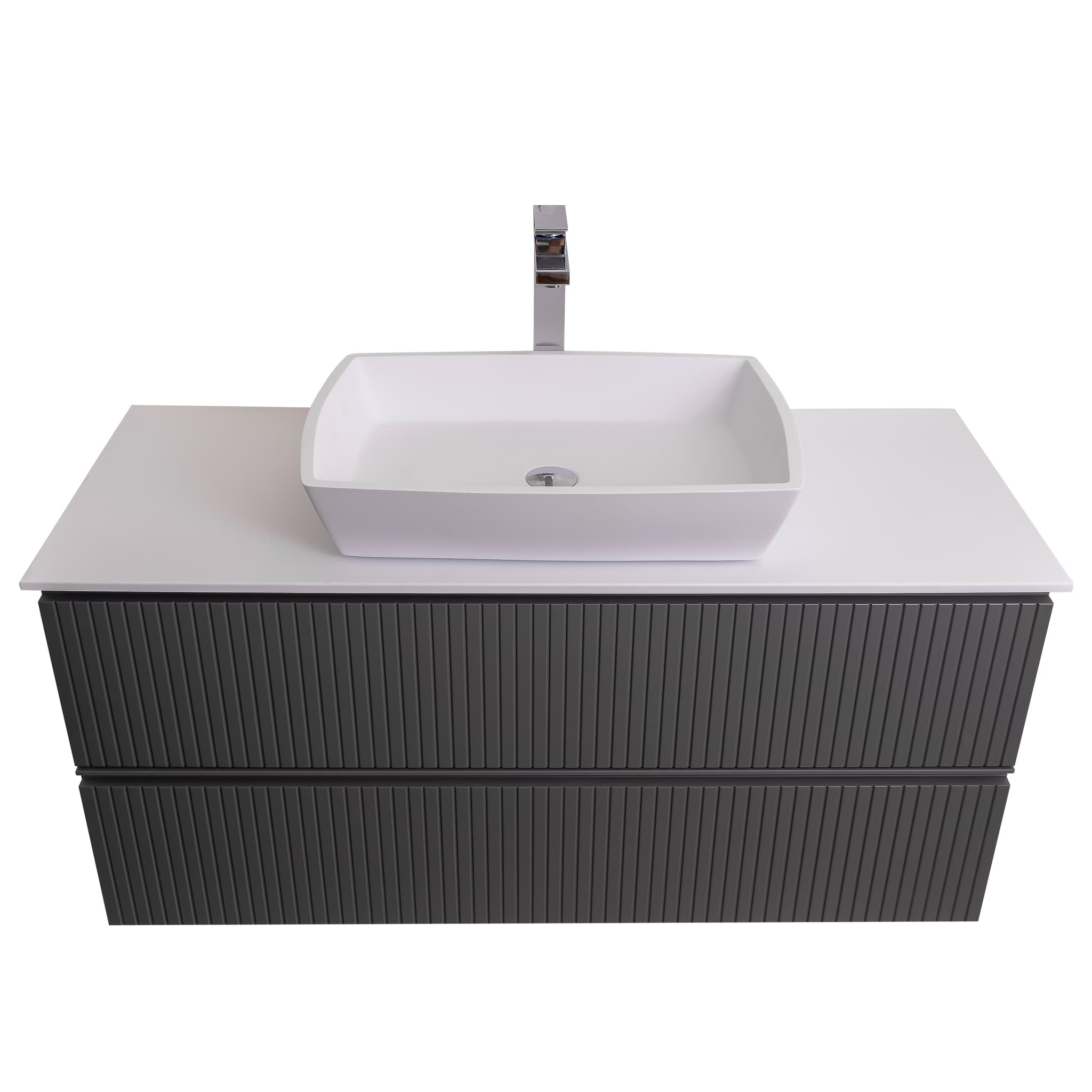 Ares 47.5 Matte Grey Cabinet, Solid Surface Flat White Counter And Square Solid Surface White Basin 1316, Wall Mounted Modern Vanity Set