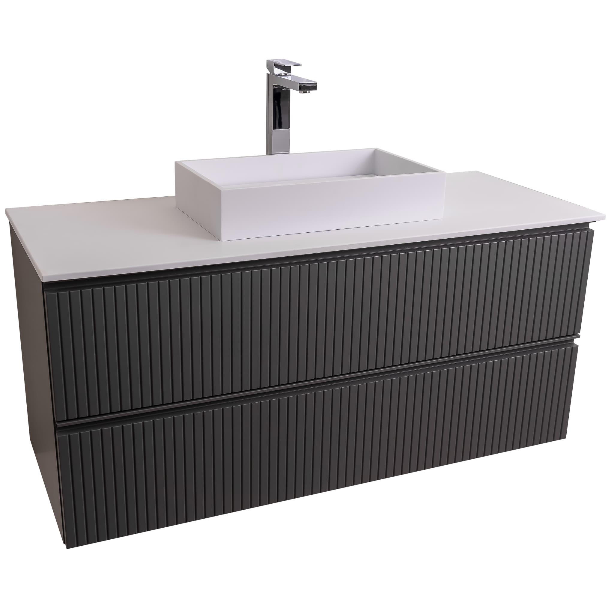 Ares 47.5 Matte Grey Cabinet, Solid Surface Flat White Counter And Infinity Square Solid Surface White Basin 1329, Wall Mounted Modern Vanity Set