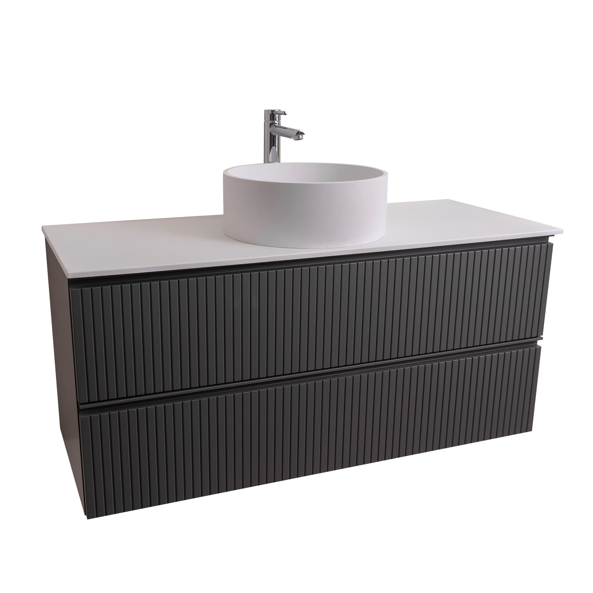 Ares 47.5 Matte Grey Cabinet, Solid Surface Flat White Counter And Round Solid Surface White Basin 1386, Wall Mounted Modern Vanity Set