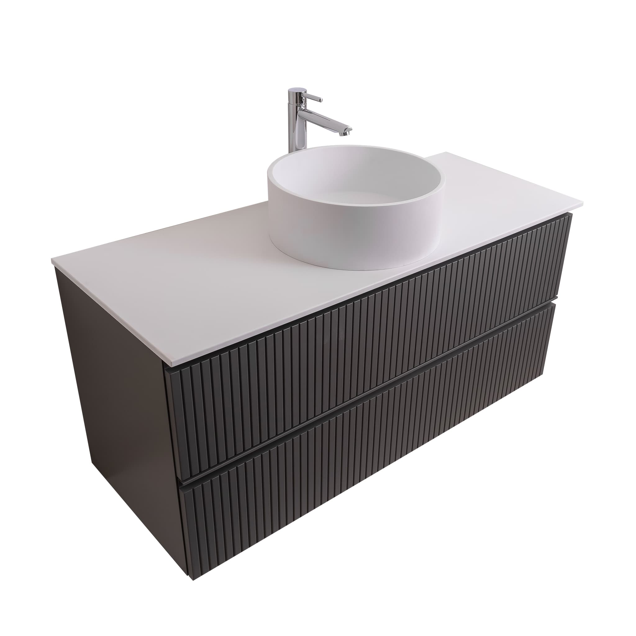 Ares 47.5 Matte Grey Cabinet, Solid Surface Flat White Counter And Round Solid Surface White Basin 1386, Wall Mounted Modern Vanity Set