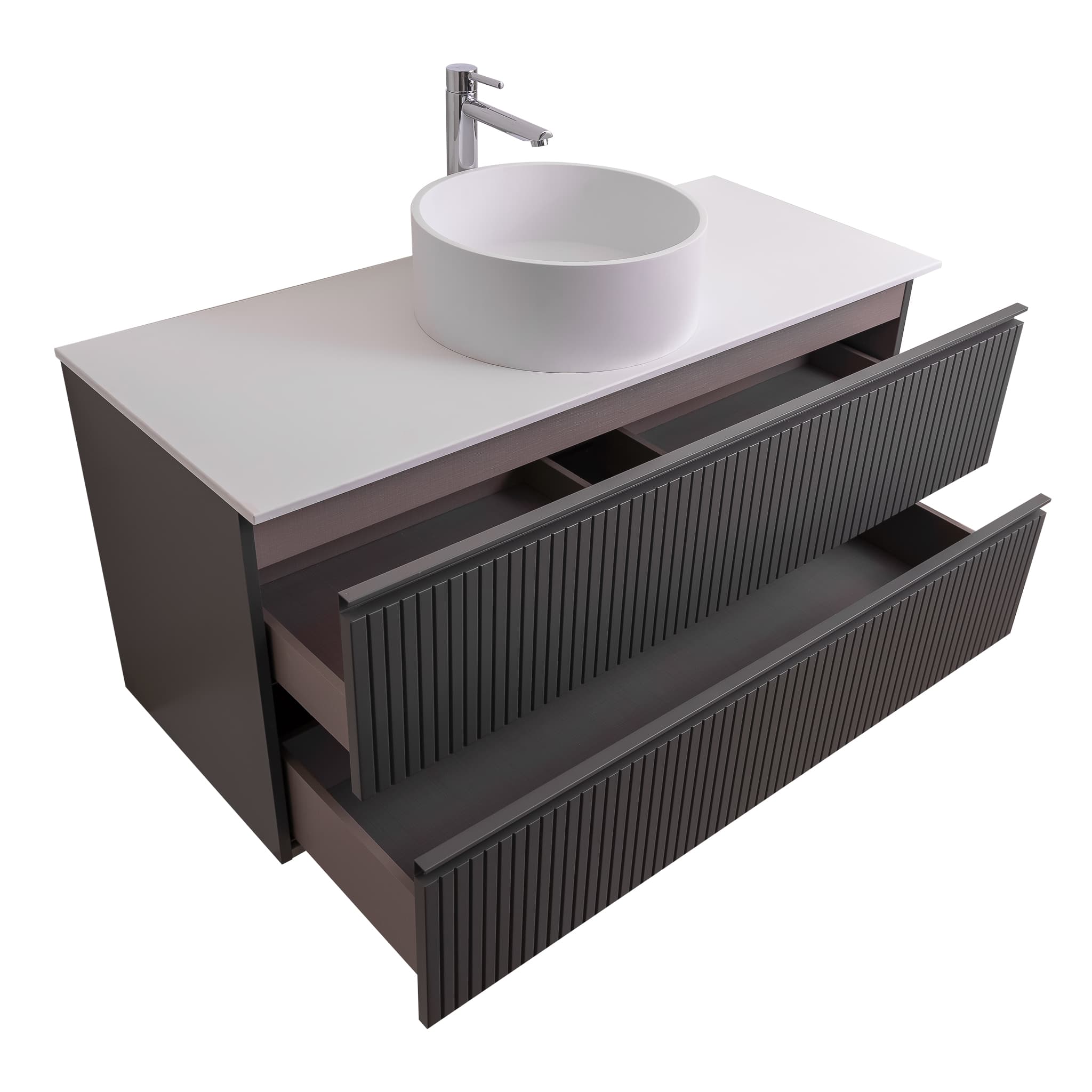 Ares 47.5 Matte Grey Cabinet, Solid Surface Flat White Counter And Round Solid Surface White Basin 1386, Wall Mounted Modern Vanity Set