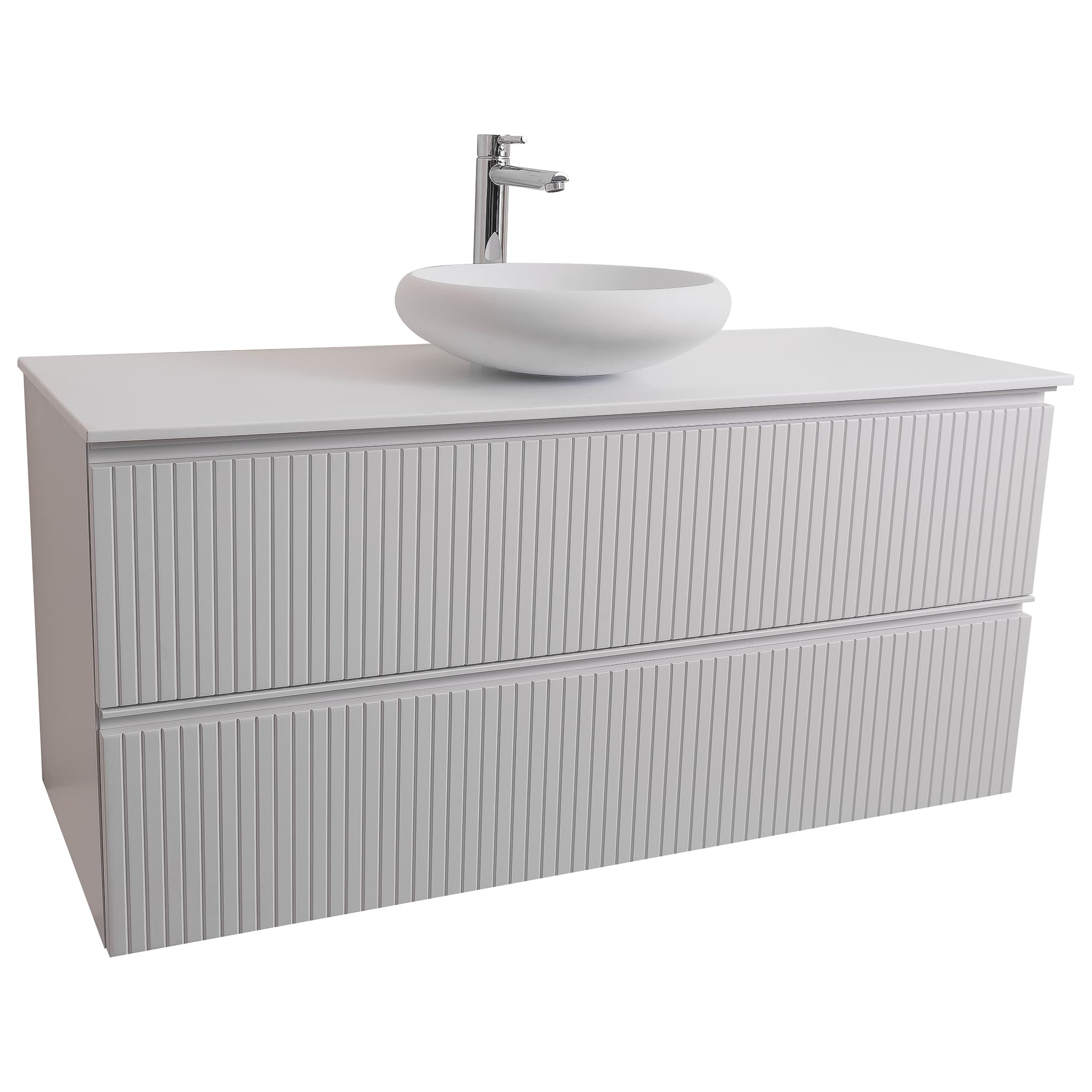 Ares 47.5 Matte White Cabinet, Solid Surface Flat White Counter And Round Solid Surface White Basin 1153, Wall Mounted Modern Vanity Set