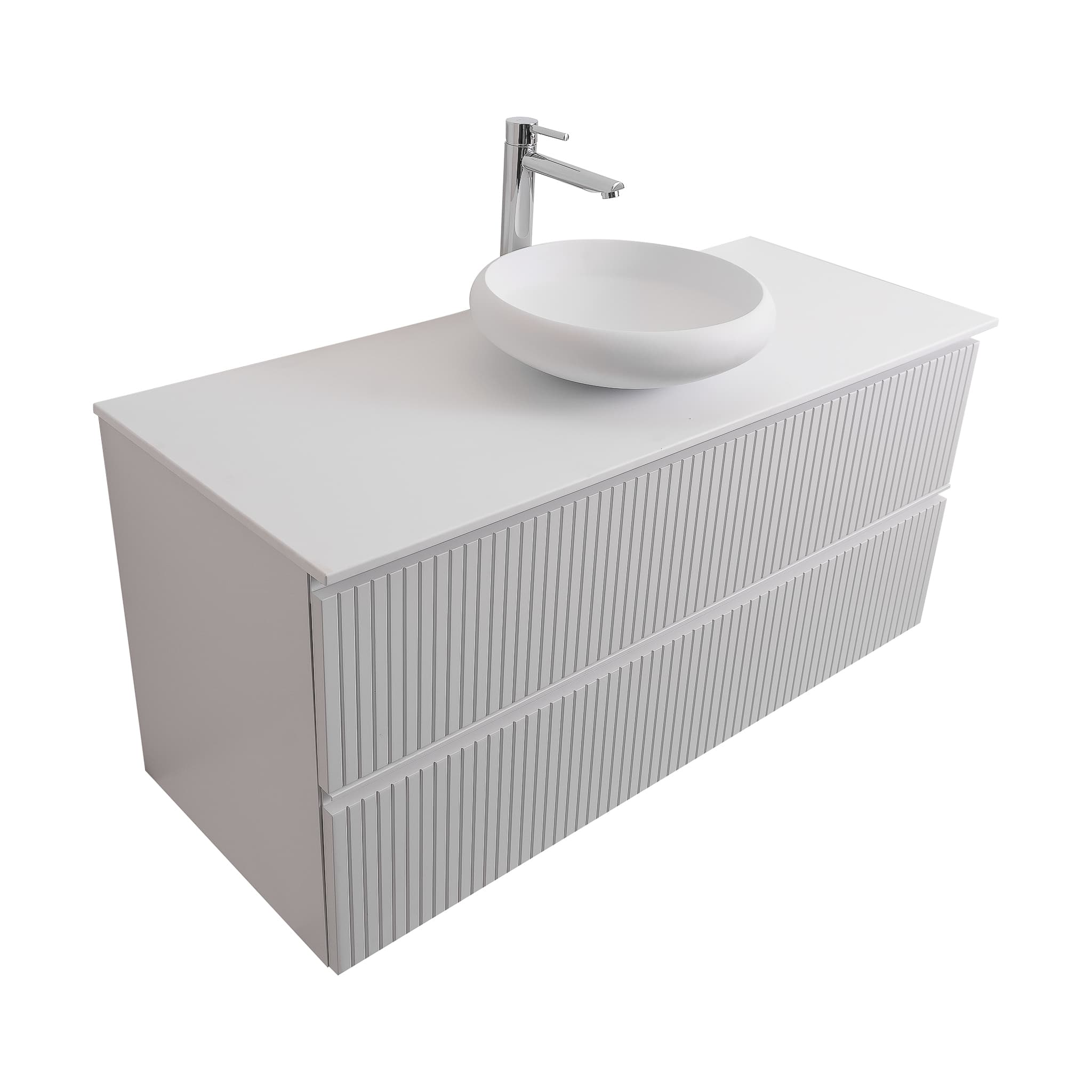 Ares 47.5 Matte White Cabinet, Solid Surface Flat White Counter And Round Solid Surface White Basin 1153, Wall Mounted Modern Vanity Set