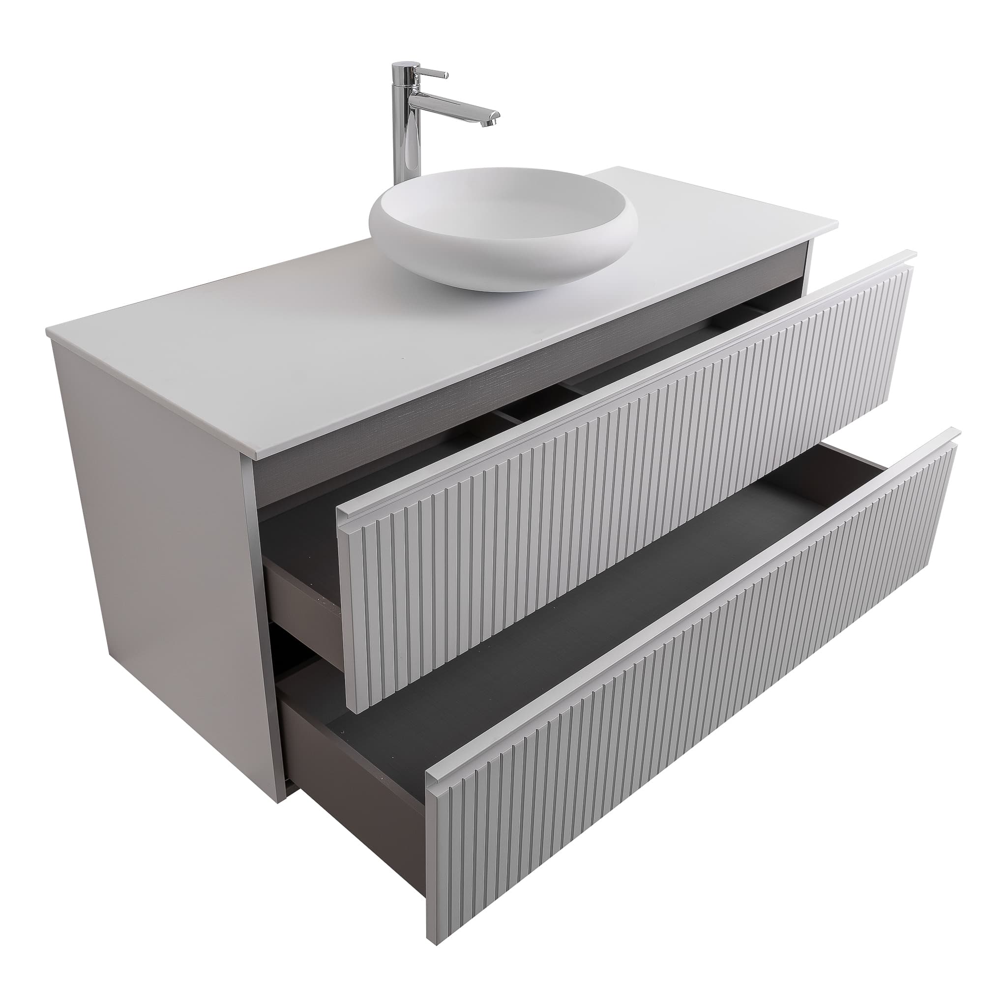 Ares 47.5 Matte White Cabinet, Solid Surface Flat White Counter And Round Solid Surface White Basin 1153, Wall Mounted Modern Vanity Set