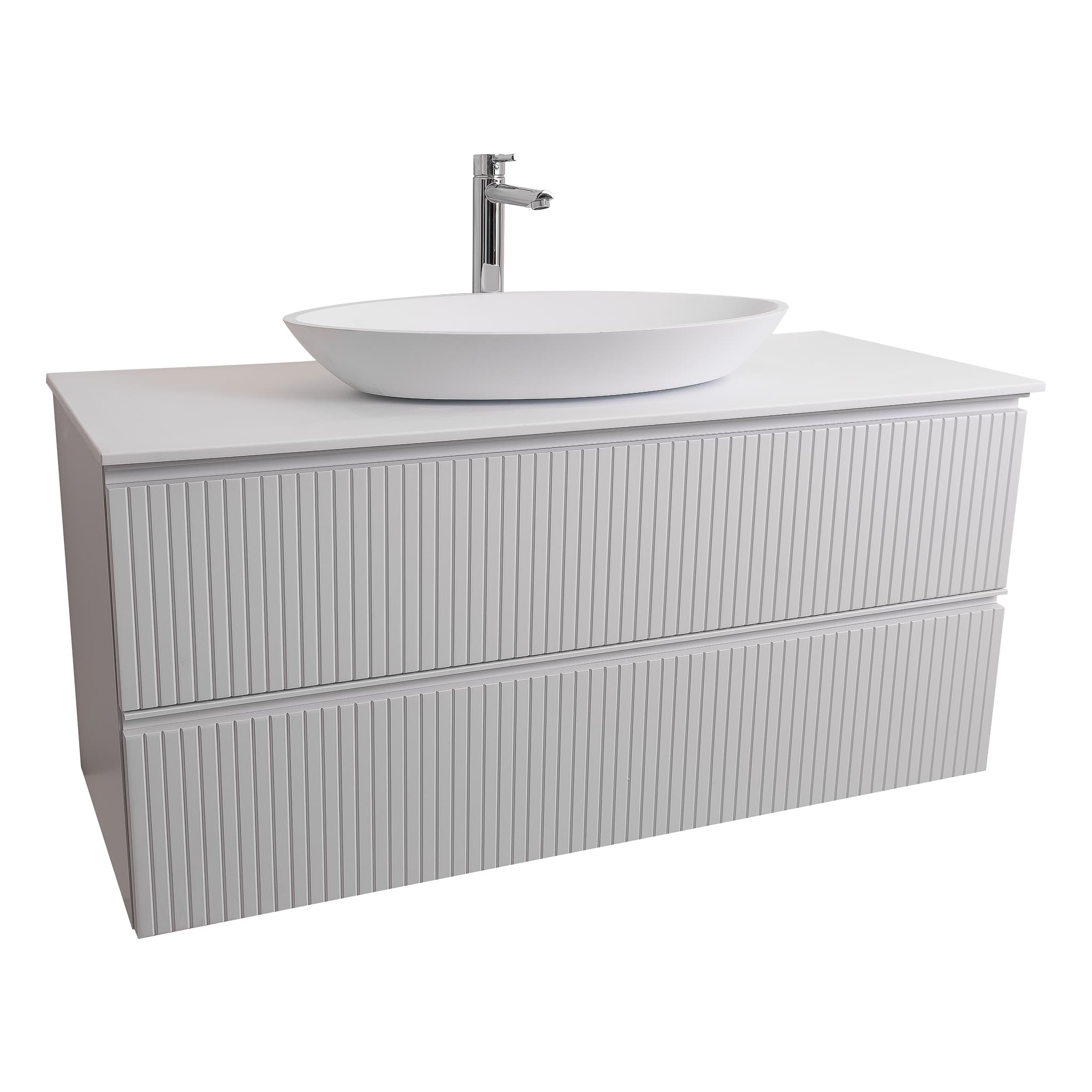 Ares 47.5 Matte White Cabinet, Solid Surface Flat White Counter And Oval Solid Surface White Basin 1305, Wall Mounted Modern Vanity Set