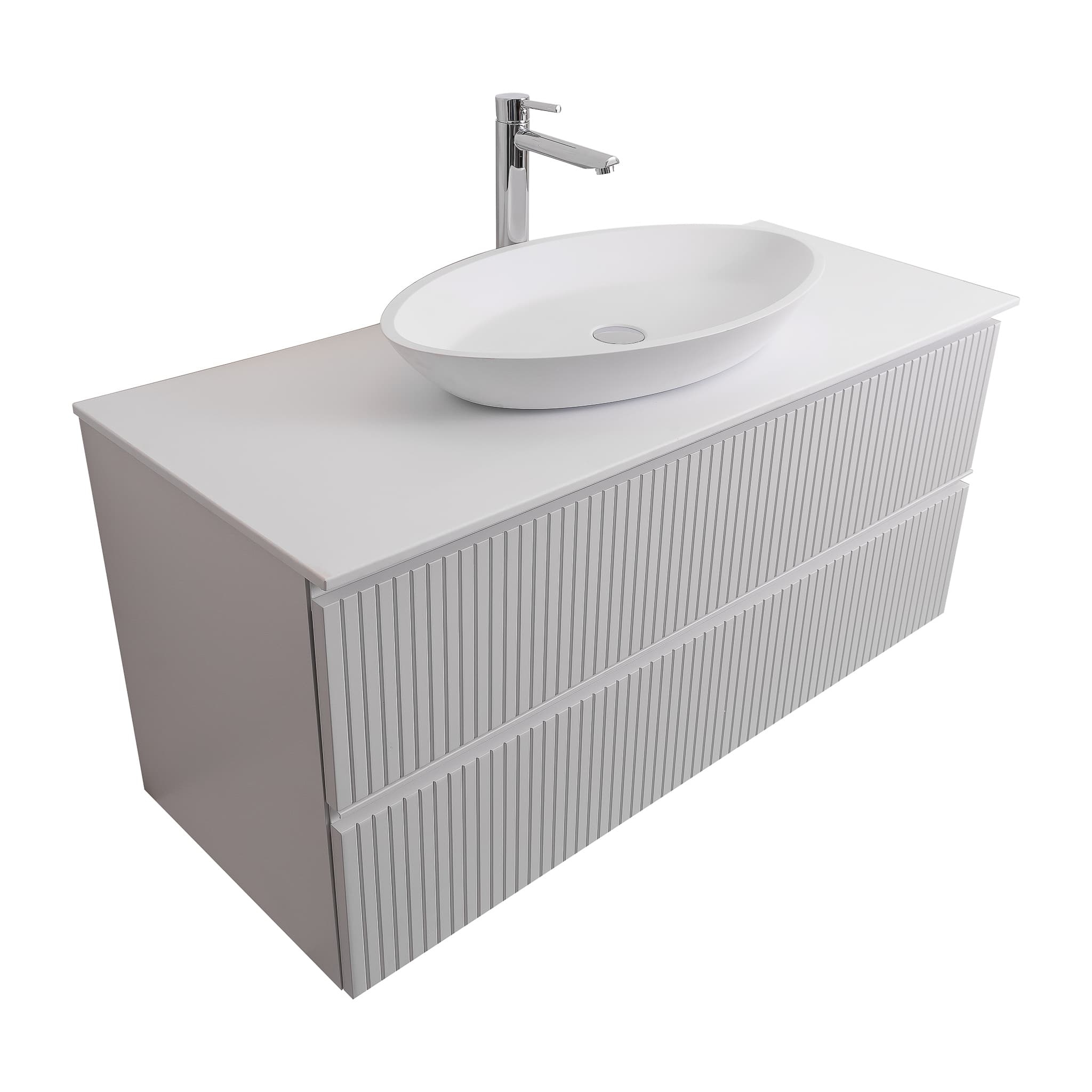 Ares 47.5 Matte White Cabinet, Solid Surface Flat White Counter And Oval Solid Surface White Basin 1305, Wall Mounted Modern Vanity Set Bath Trends USA