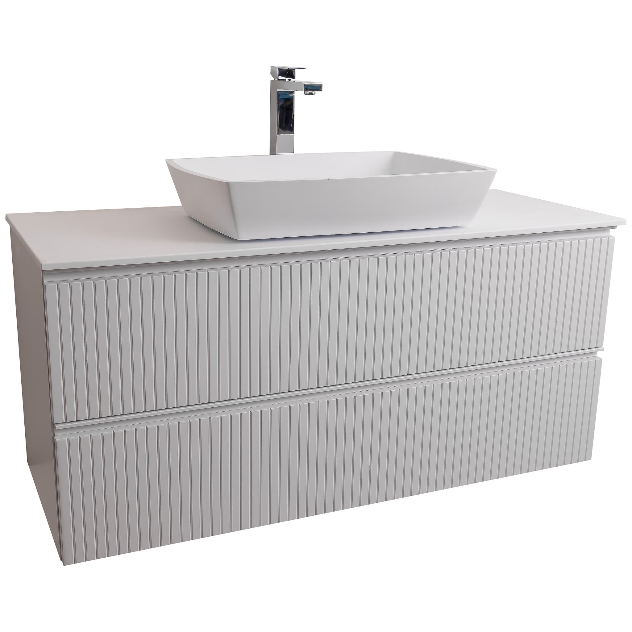 Ares 47.5 Matte White Cabinet, Solid Surface Flat White Counter And Square Solid Surface White Basin 1316, Wall Mounted Modern Vanity Set
