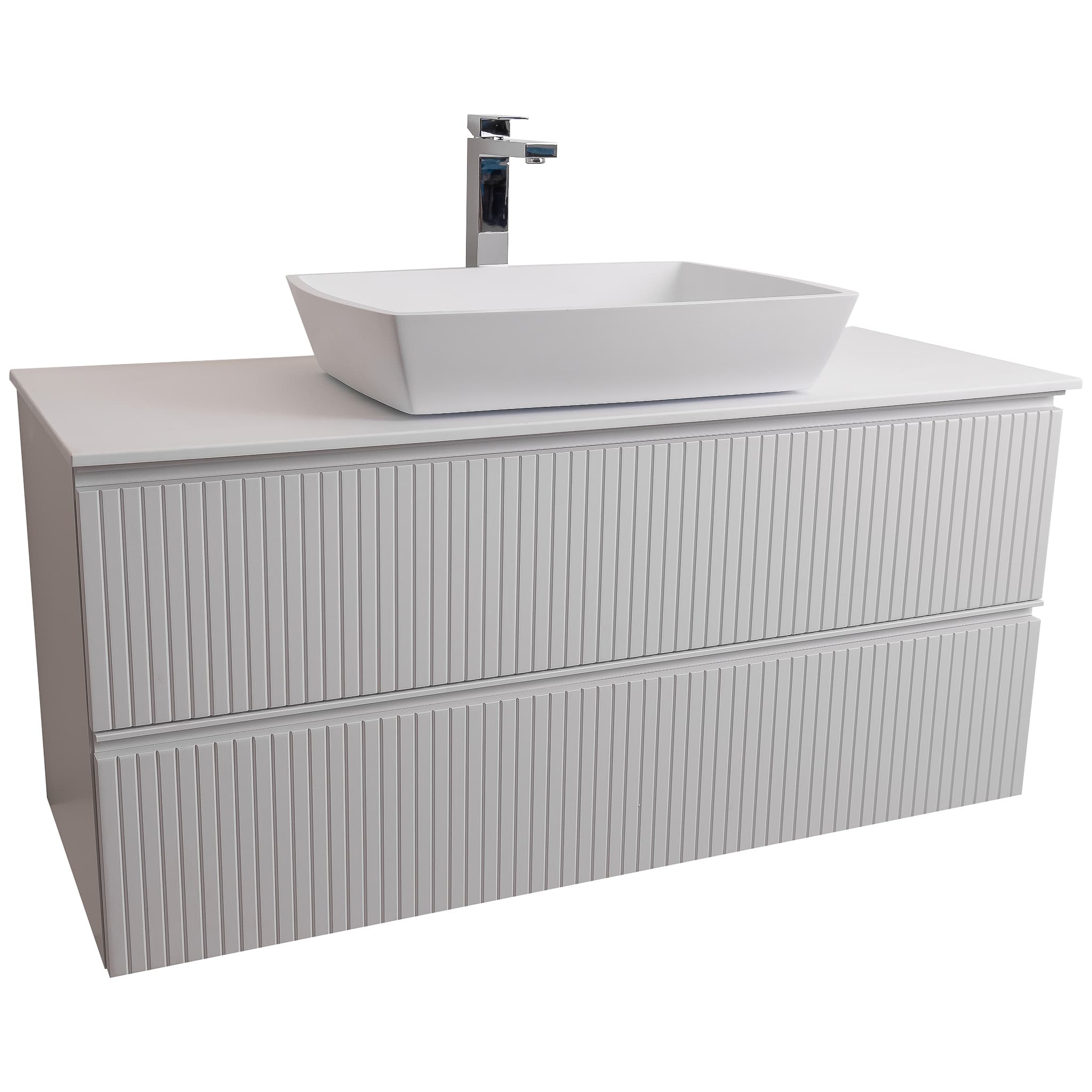 Ares 47.5 Matte White Cabinet, Solid Surface Flat White Counter And Square Solid Surface White Basin 1316, Wall Mounted Modern Vanity Set Bath Trends USA