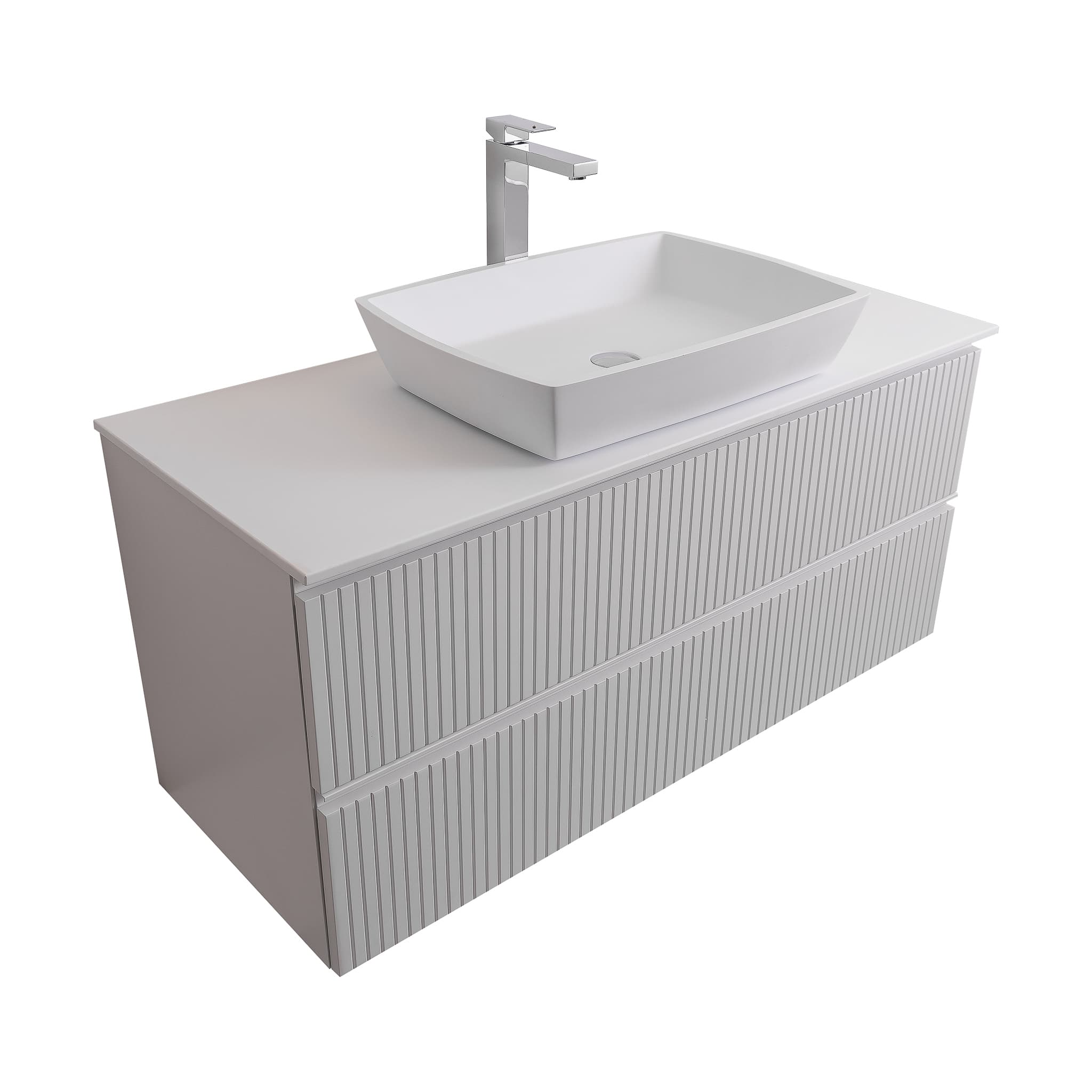 Ares 47.5 Matte White Cabinet, Solid Surface Flat White Counter And Square Solid Surface White Basin 1316, Wall Mounted Modern Vanity Set