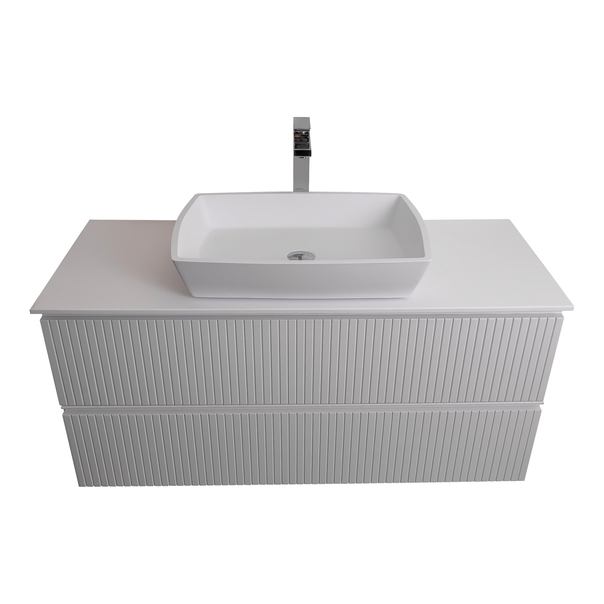 Ares 47.5 Matte White Cabinet, Solid Surface Flat White Counter And Square Solid Surface White Basin 1316, Wall Mounted Modern Vanity Set