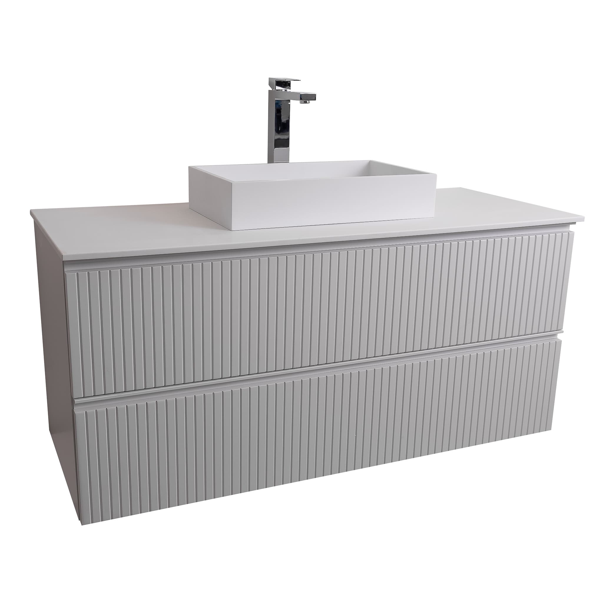 Ares 47.5 Matte White Cabinet, Solid Surface Flat White Counter And Infinity Square Solid Surface White Basin 1329, Wall Mounted Modern Vanity Set